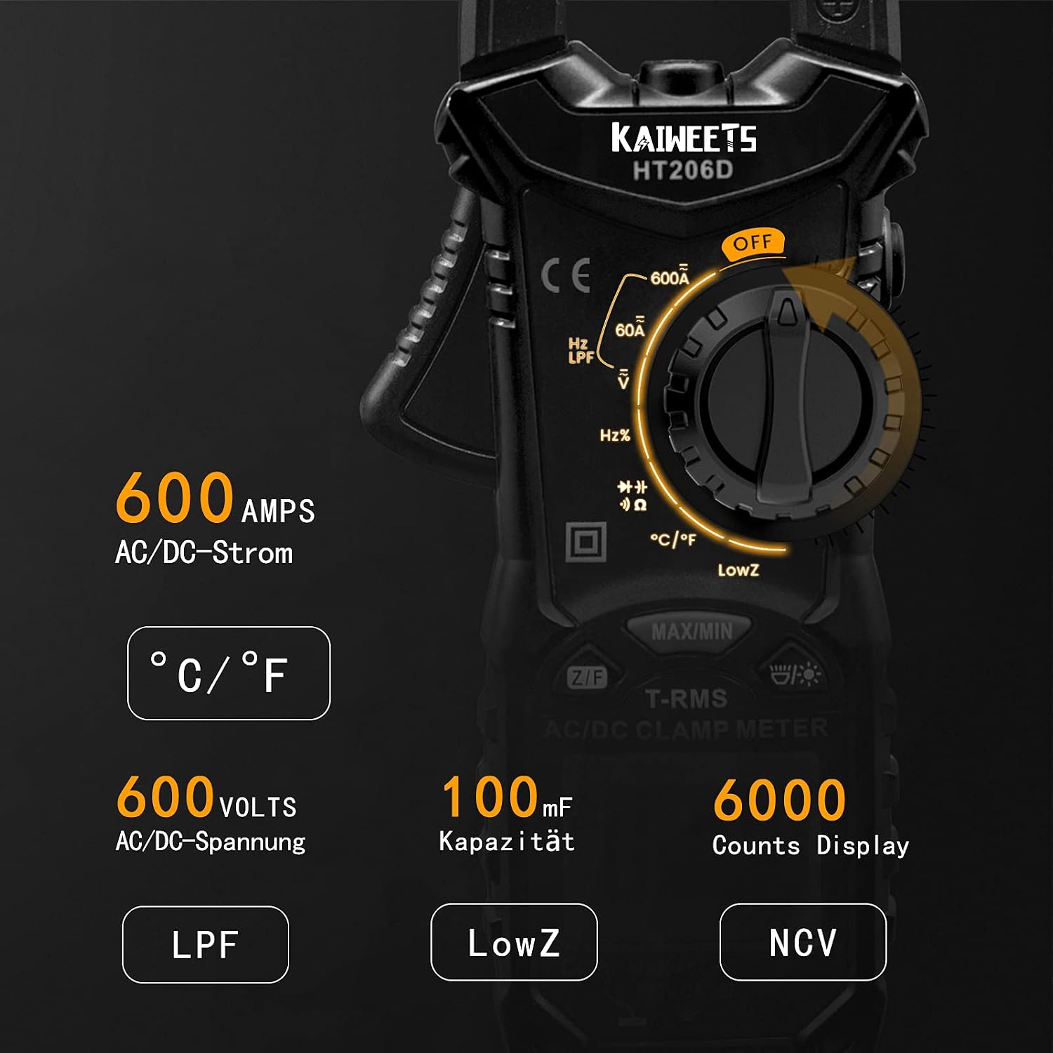 Detalle de KAIWEETS HT206D Stromzange True-RMS bis 600 A (AC/DC) – Digitales Klemmenmessgerät mit NCV