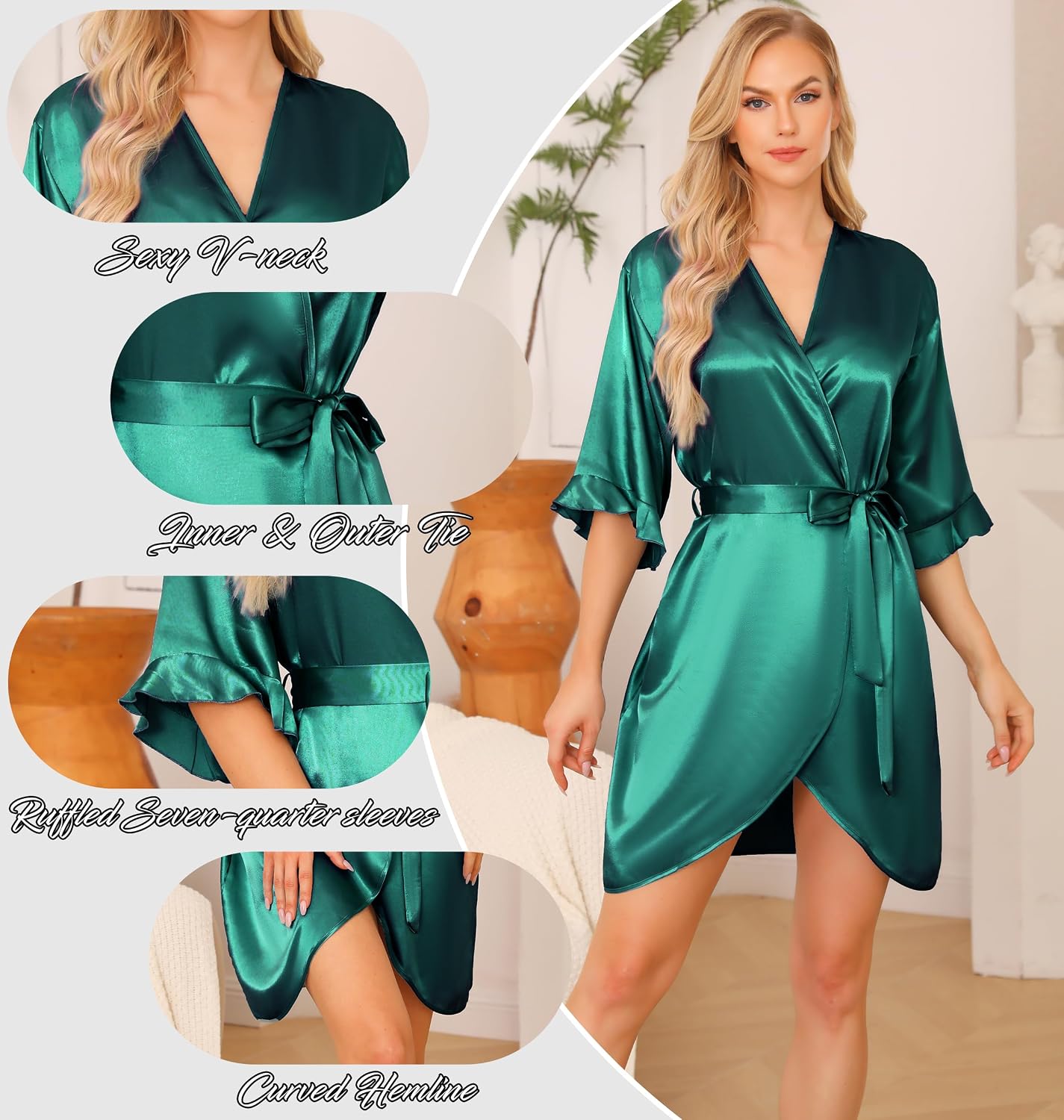 Detalle de Wikoan Peignoir Satin Femme – Robe de Chambre Kimono Court en Satin 100% polyester