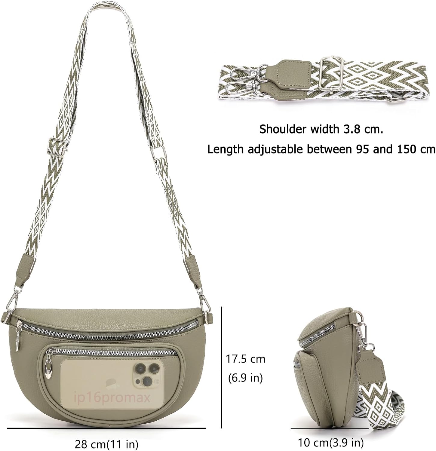 Detalle de Snmoec Bauchtasche Damen/Gürteltasche als Crossbody Bag mit Handytasche – mittelgroß, Grau/Grün