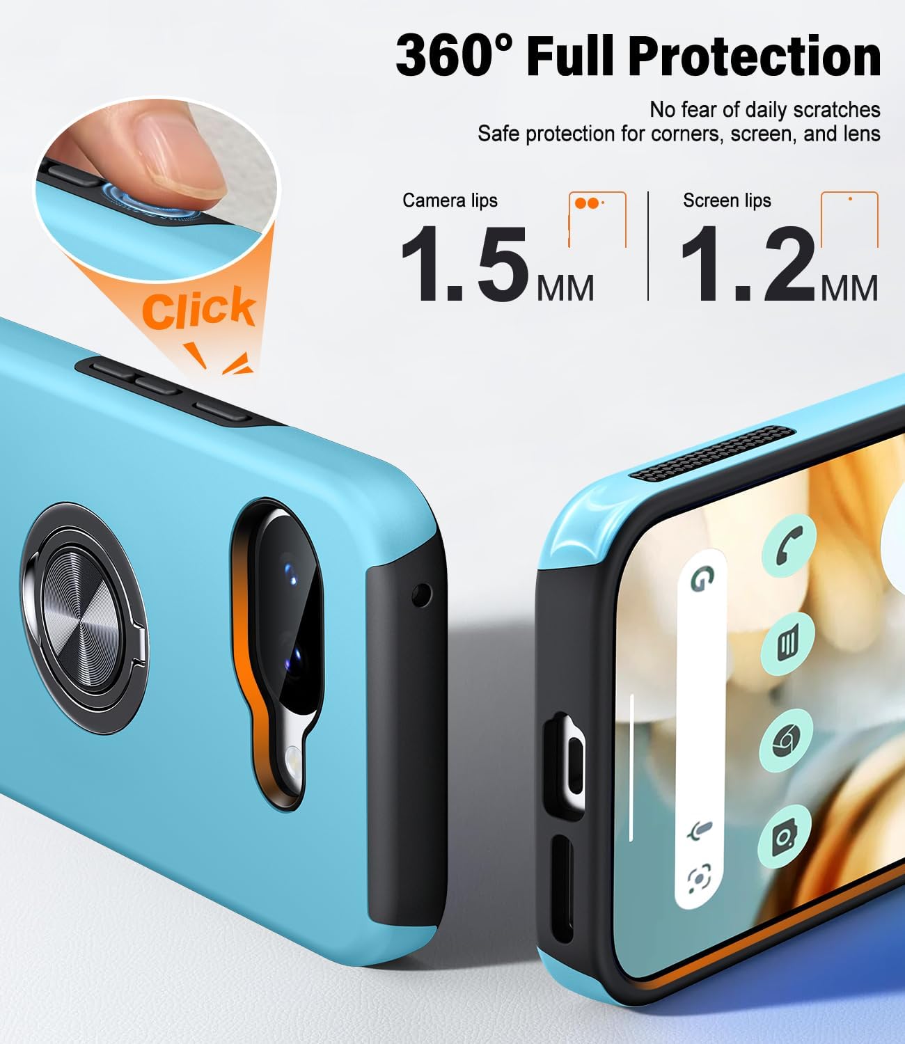 Detalle de AOUIA for Google Pixel 10A Case with 2-Pack Screen Protector and 360° Metal Ring Stand (Sky Blue)
