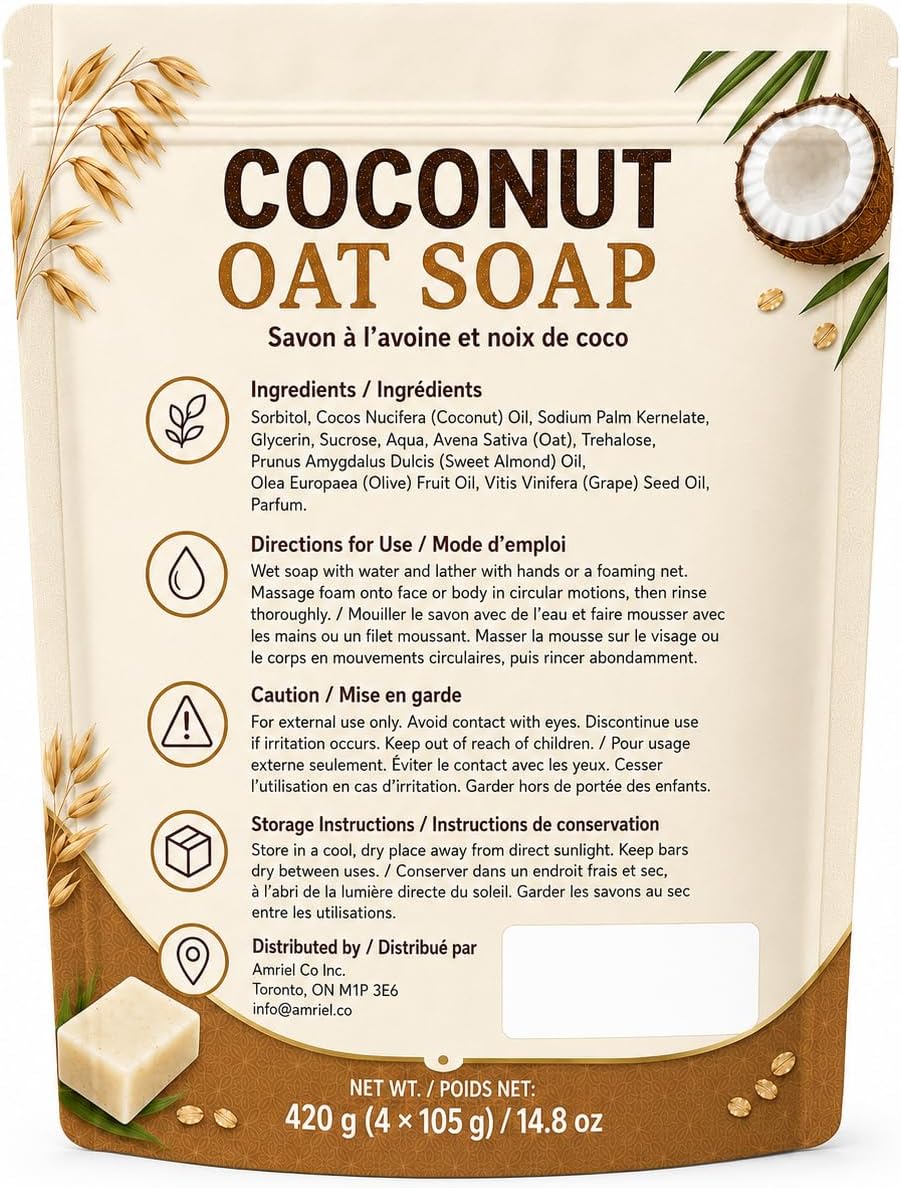 Detalle 2 de Amriel Co. Coconut Oat Soap Bars, 4-Pack with Coconut Oil & Glycerin