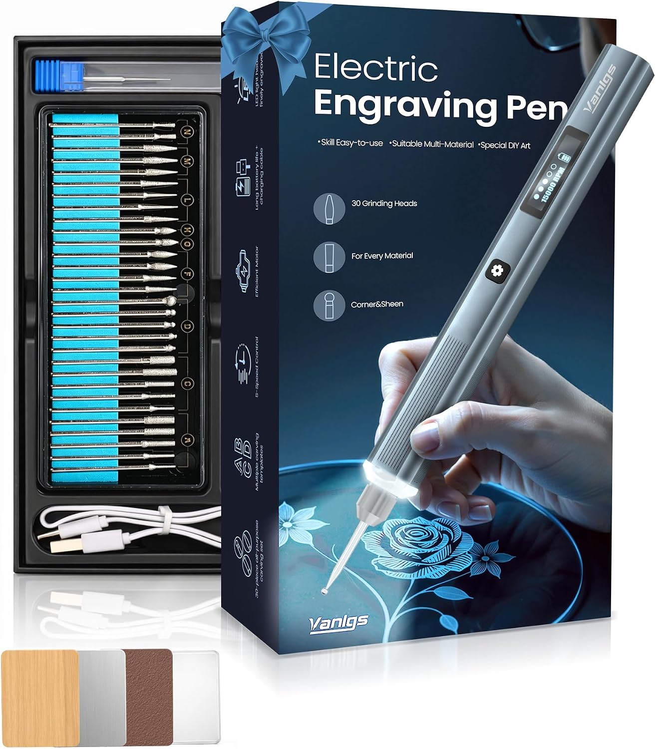 Vanlgs Engraving Pen Tool Kit – Cordless Rechargeable Engraver with 30 Heads, LED Light and 5 Speeds