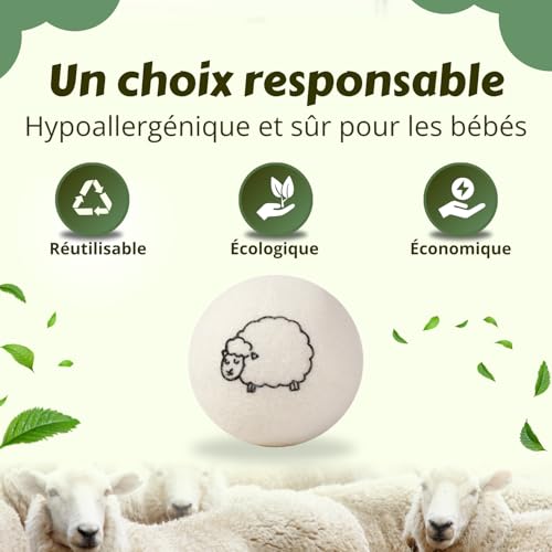 Detalle de Hanamura 6 XXL Boules de lavage et séchage en laine néo-zélandaise – rangement coton inclus