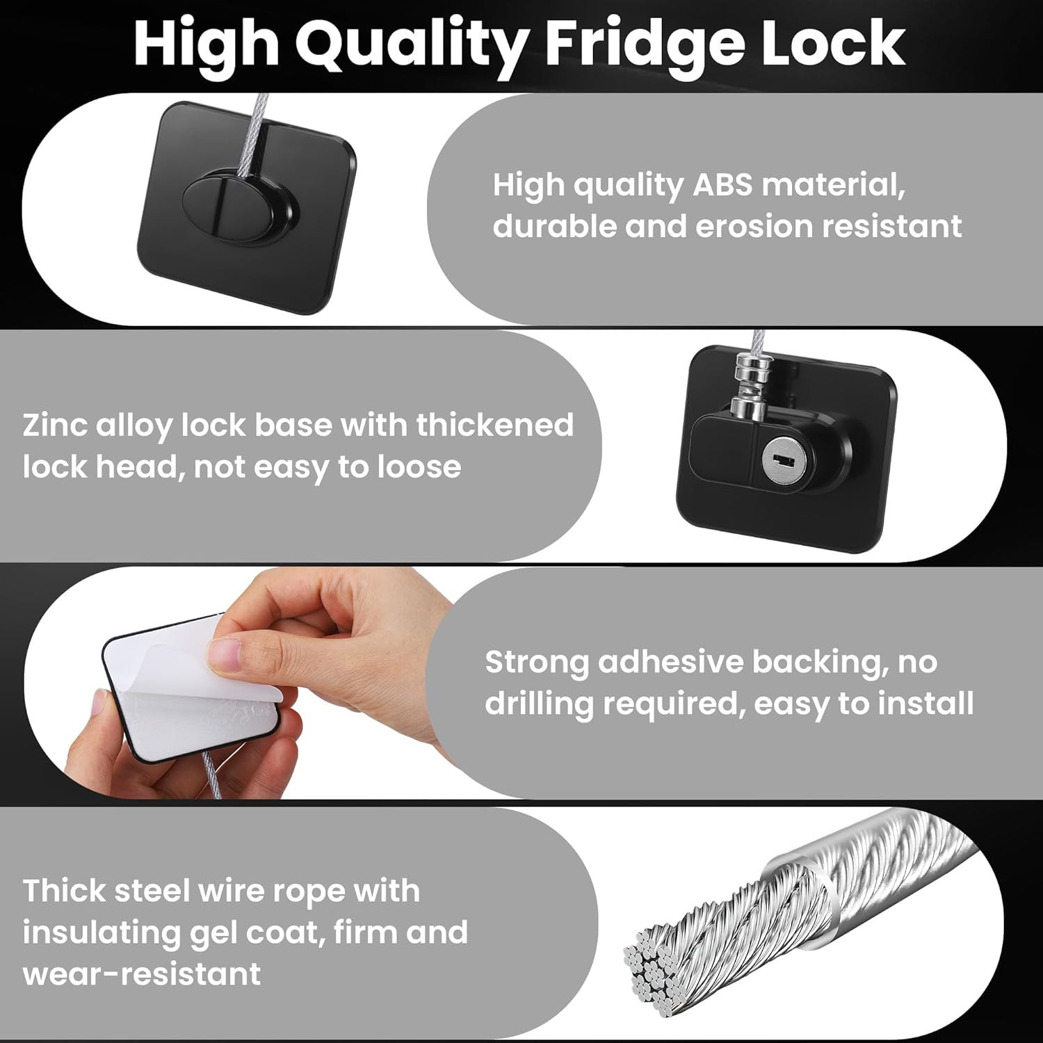 Detalle de Huiguli 2-pack Refrigerator Door Locks with Adhesive Cable Restrictor and Keys (Black)
