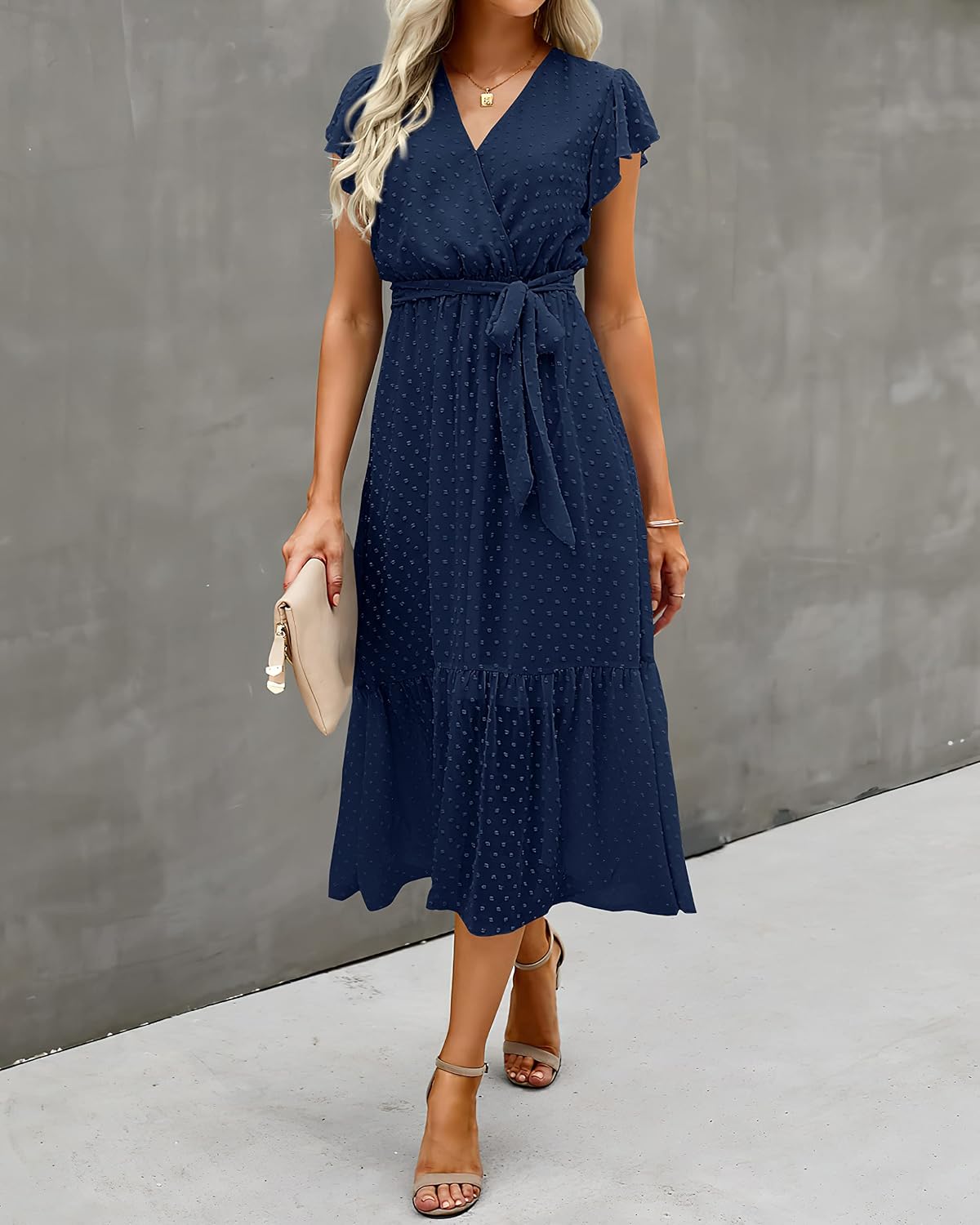 Detalle 2 de BTFBM Women's Summer Bohemian Floral Wrap V-Neck Midi Dress