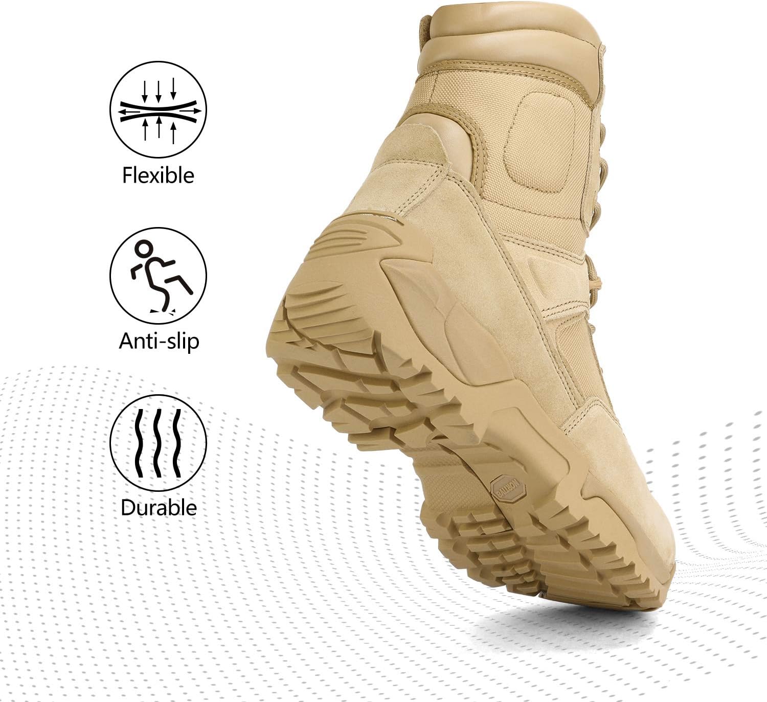 Detalle de NORTIV 8 Men’s Military Tactical Work Boots (Side Zip Leather Outdoor & Motorcycle Boots) — Hiking-Ready Support