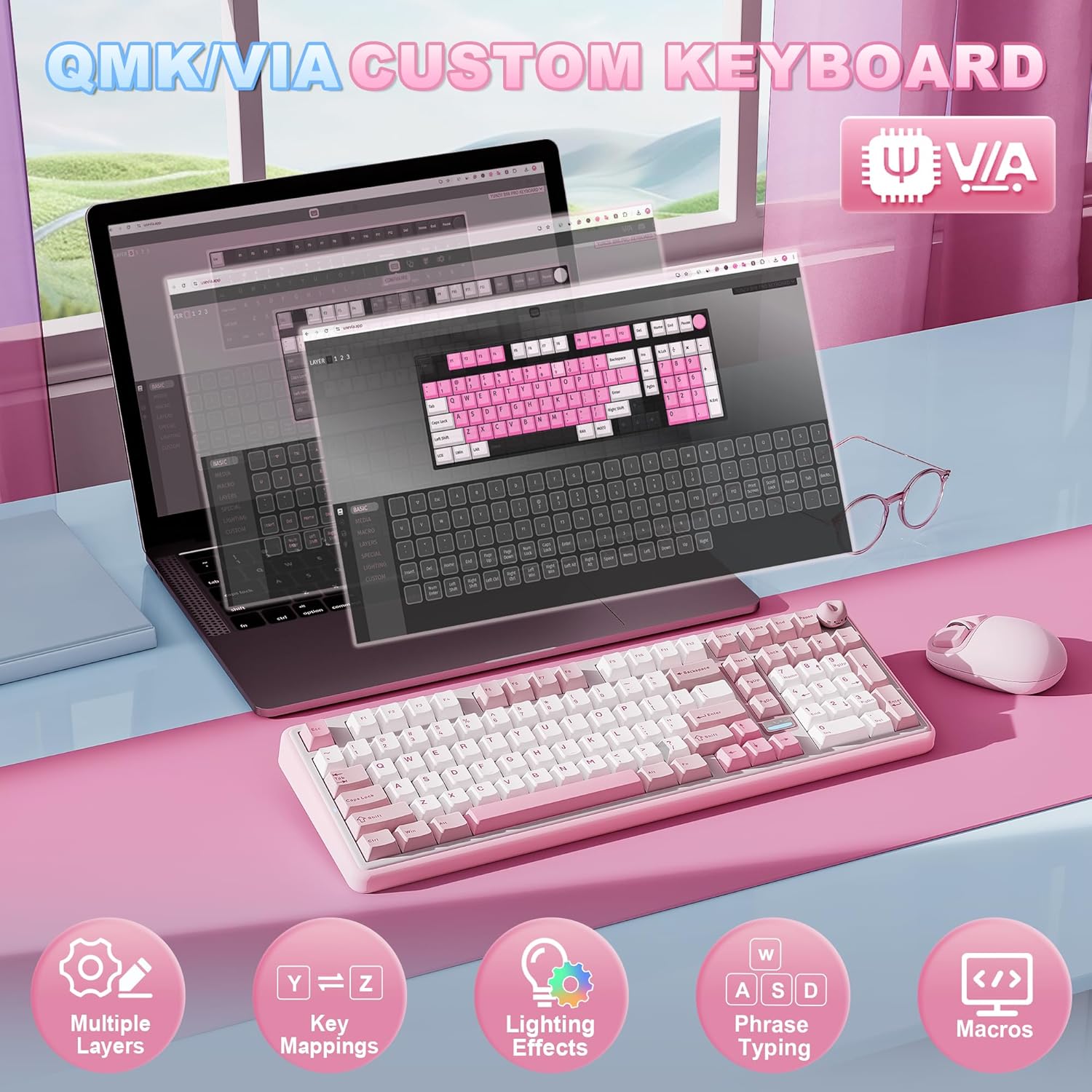 Thumbnail 3 de YUNZII B98 Pro QMK/VIA Wireless Mechanical Gaming Keyboard (96% with Numpad) — BT/2.4G/USB-C, Pink Milk V2 Linear, Cute Cat Knob