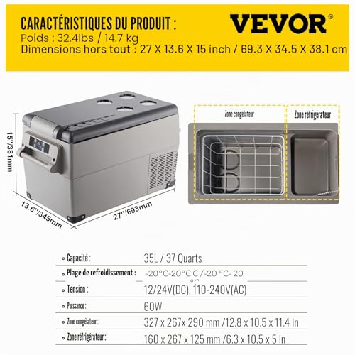 Thumbnail 6 de VEVOR Glacière Électrique Voiture 30 L – Réfrigérateur portable à compression avec écran LCD et Bluetooth
