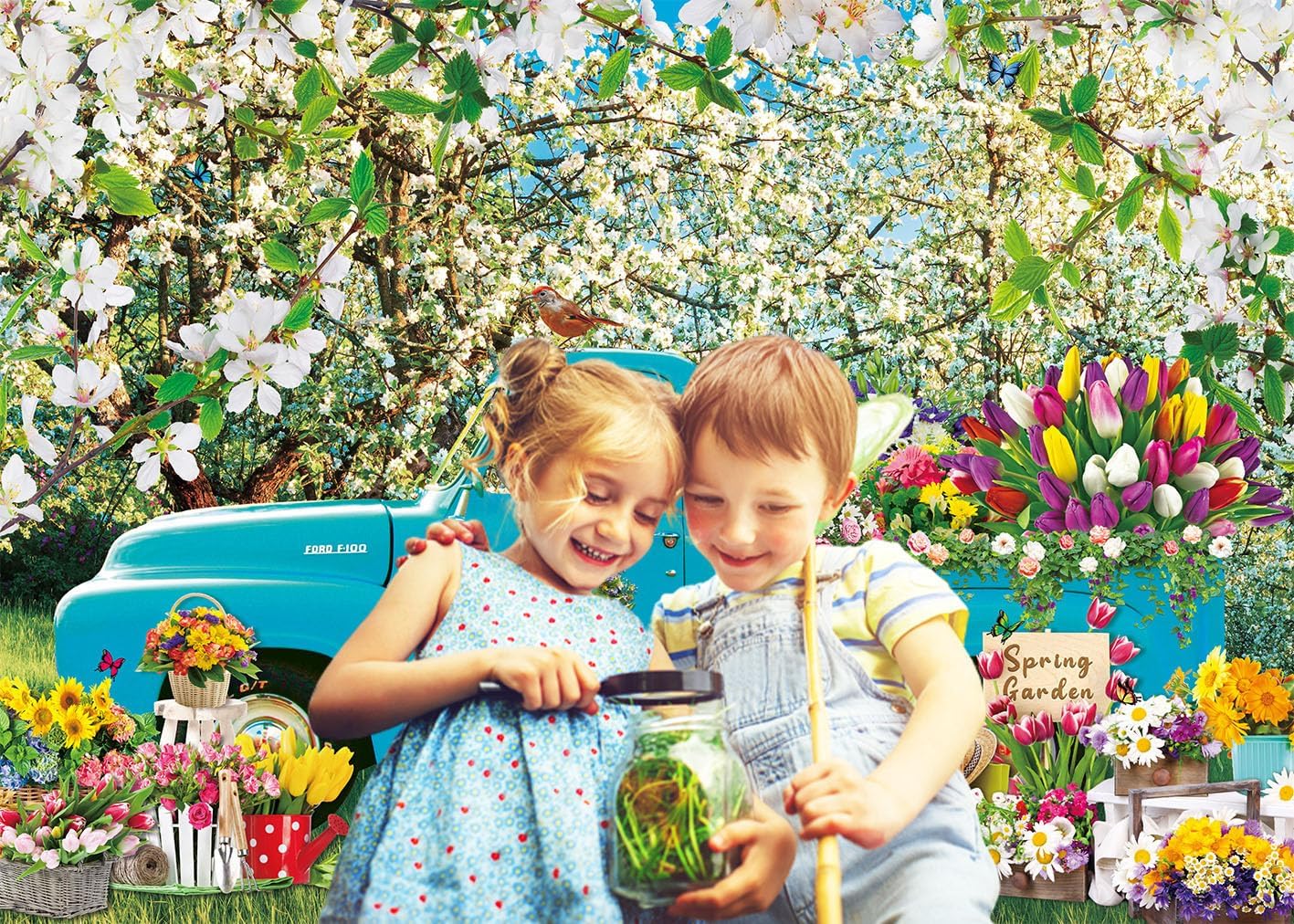 Detalle 2 de BINQOO Frühlingsblumen-Hintergrund mit blauem LKW (Vinyl), 2,1 m x 1,5 m – Fotografie- & Deko-Backdrop für Frühling/Ostern