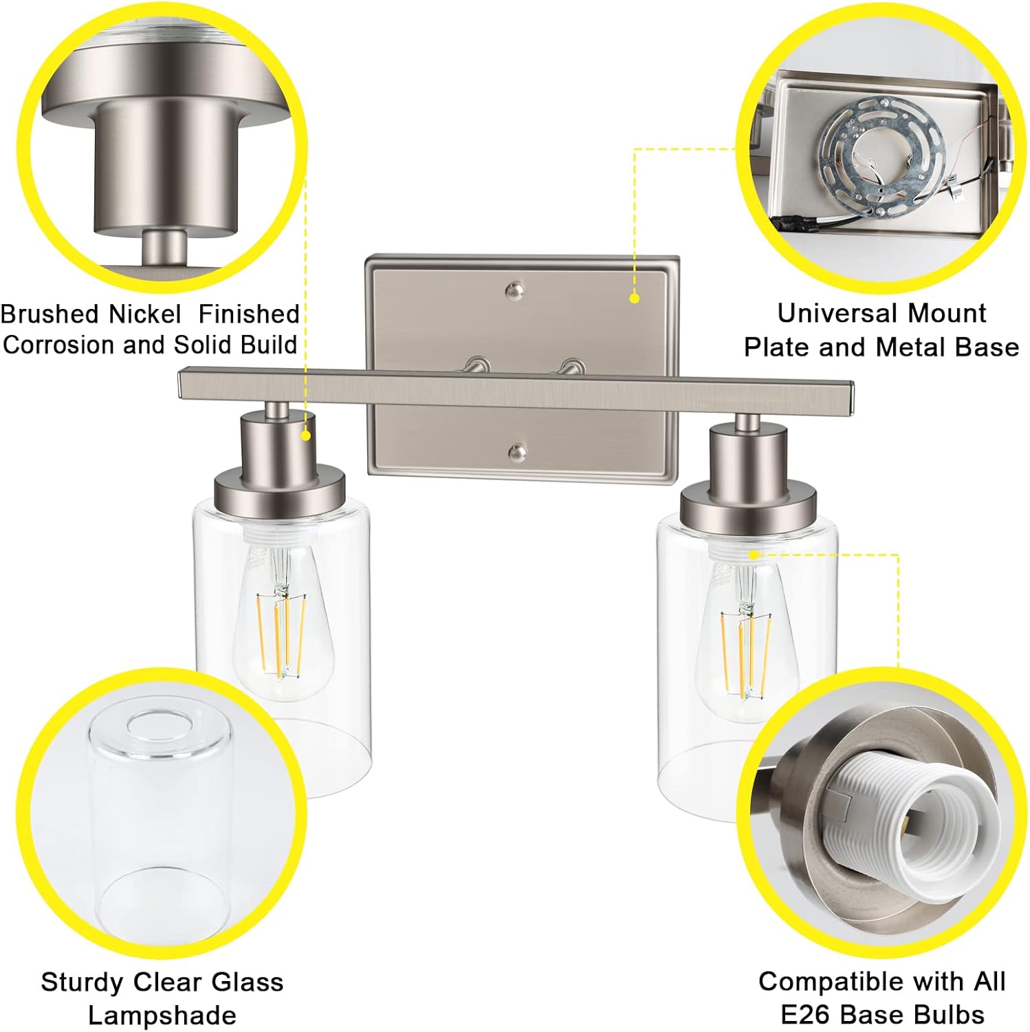 Thumbnail 6 de Ascher RJ-WR03 2-Light Wall Sconce with Clear Glass and Brushed Nickel