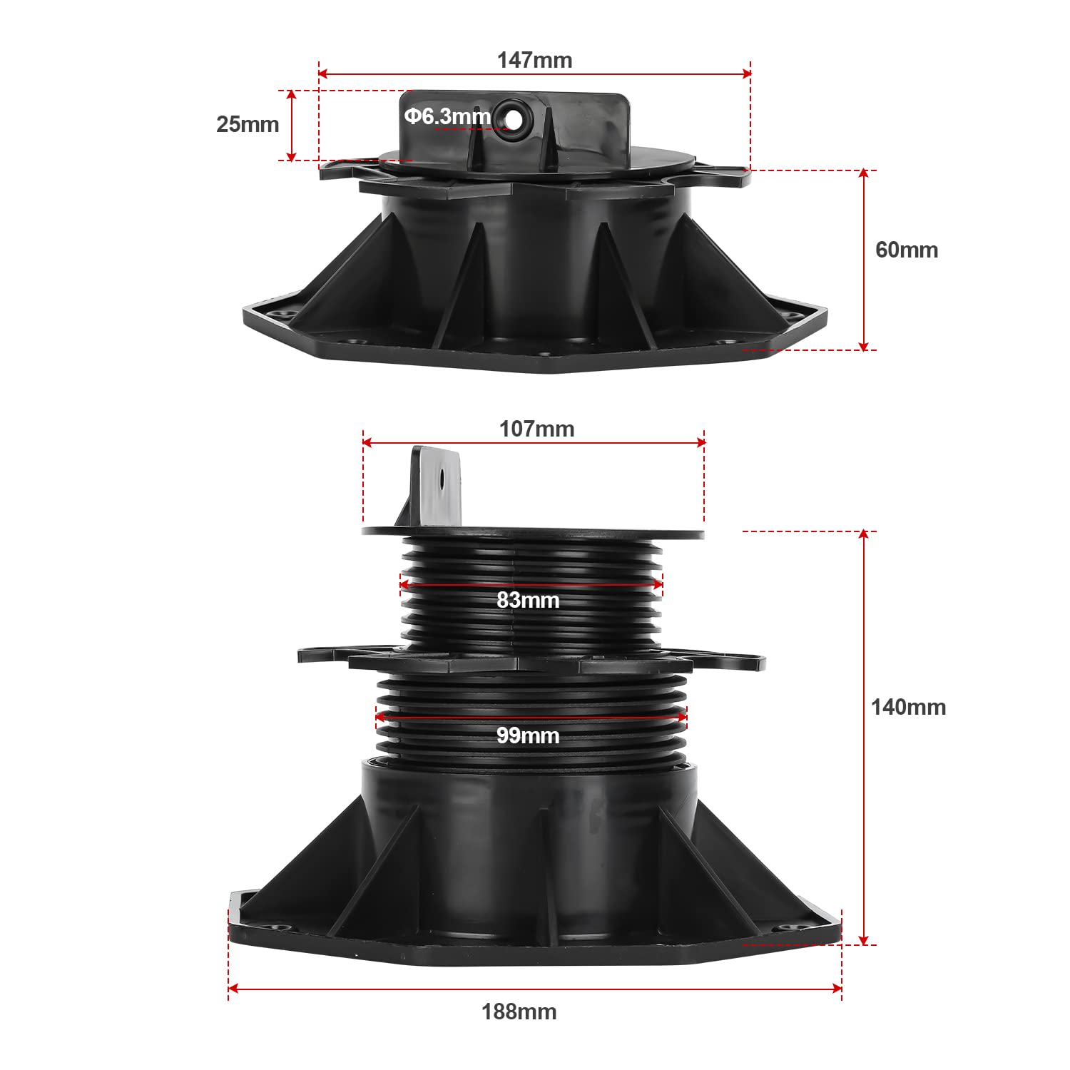 Thumbnail 3 de Daromigo Stelzlager Terrassenlager 50 Stück, höhenverstellbar 60–140 mm (Stellfüße) für Terrassenplatten/WPC