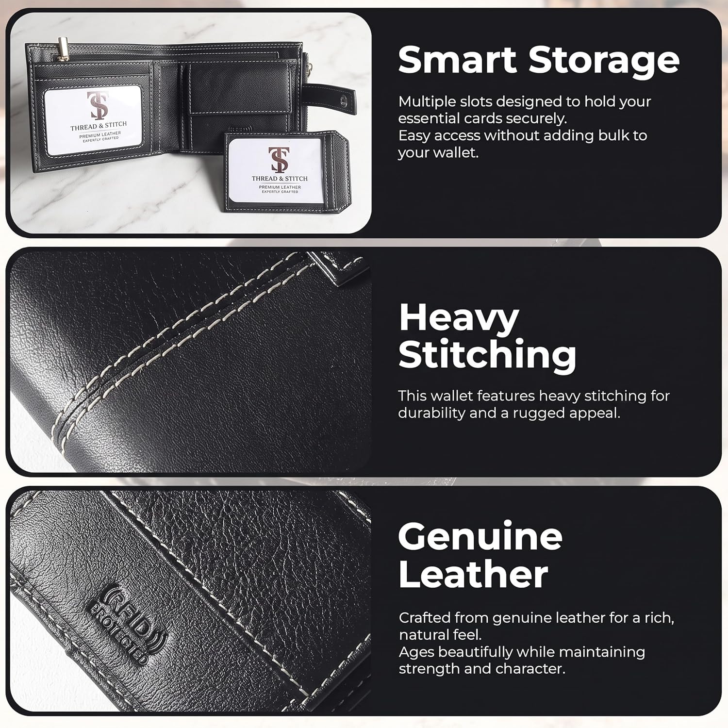 Thumbnail 3 de Thread & Stitch Leather Wallet for Men – Genuine Leather Bifold with RFID Protection