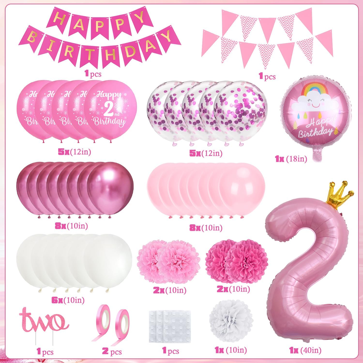 Thumbnail 1 de 2nd Birthday Decorations for Girls Pink Set