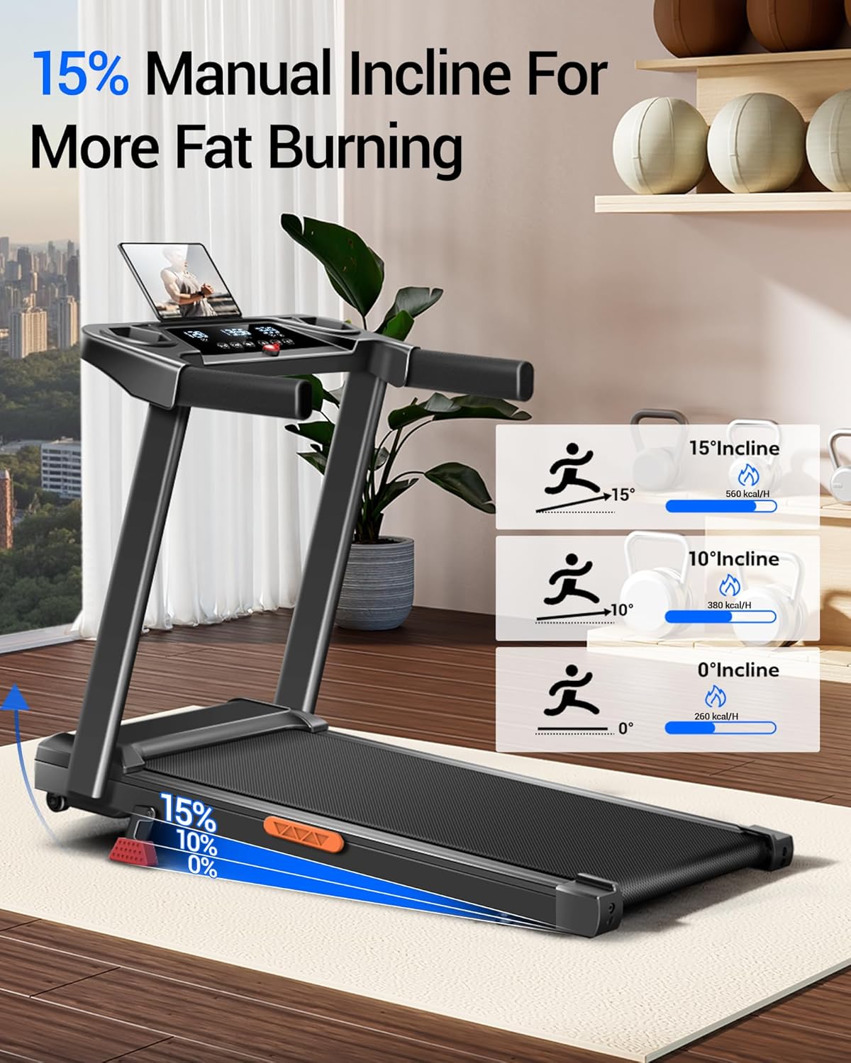 Thumbnail 1 de UMAY tapis de course pliable 12 km/h : inclinaison 0%, 10%, 15° et console avec suivi cardio