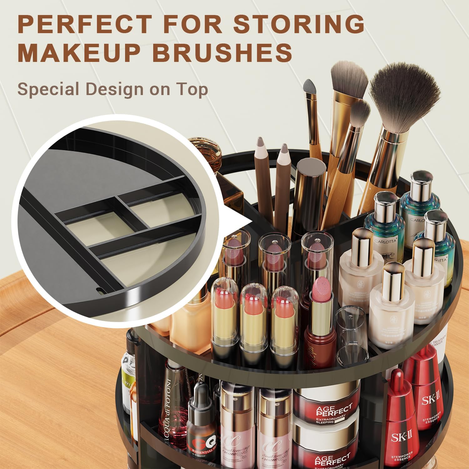 Detalle de Auxmir Make Up Organizer mit 9 einstellbaren Stufen – 360° Drehbar, Extra Groß, schwarz