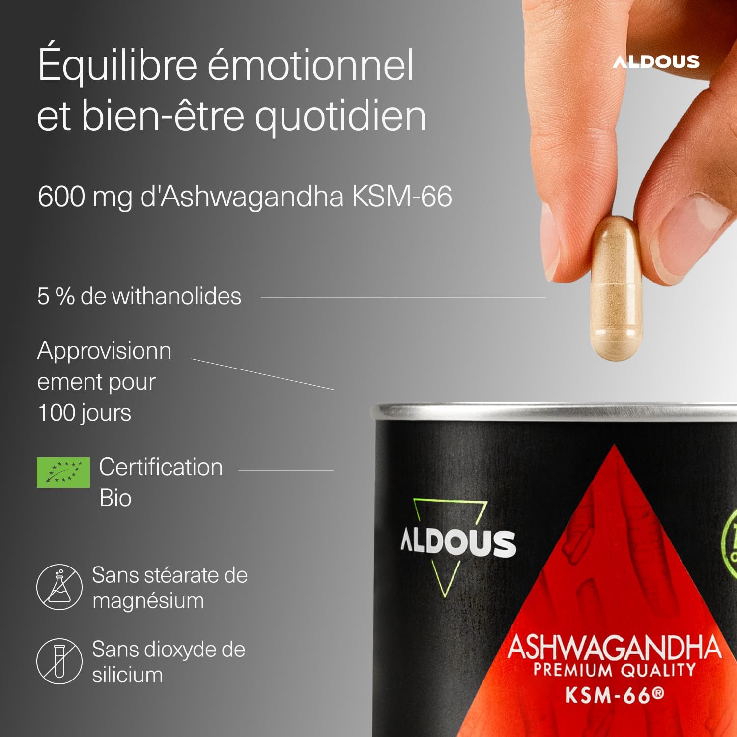 Thumbnail 1 de Ashwagandha Bio KSM-66 ® 600mg – 100 Gélules (+3 Mois) – Bien-être, Anti-stress et Énergie
