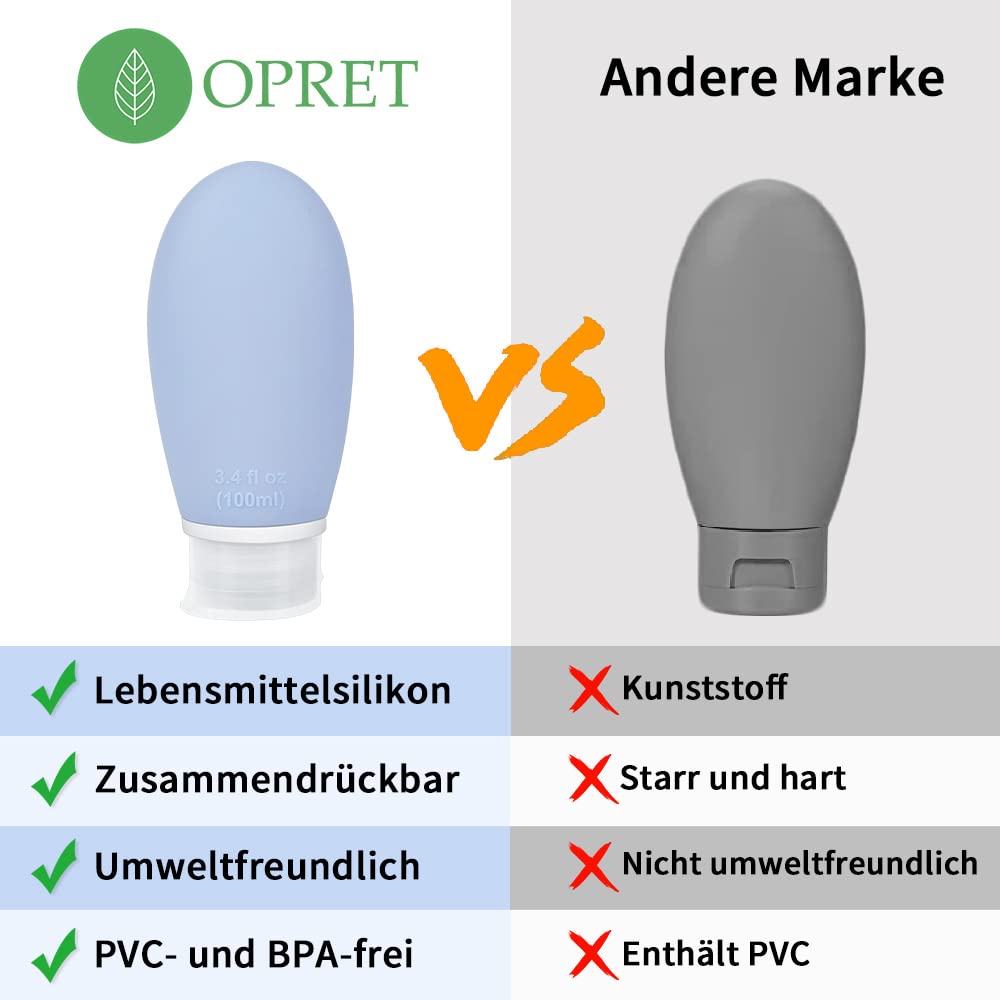 Detalle de Opret 100ml Silikon Reiseflaschen Set, 3 Stück – Auslaufsicher, BPA-frei, TSA-geprüft
