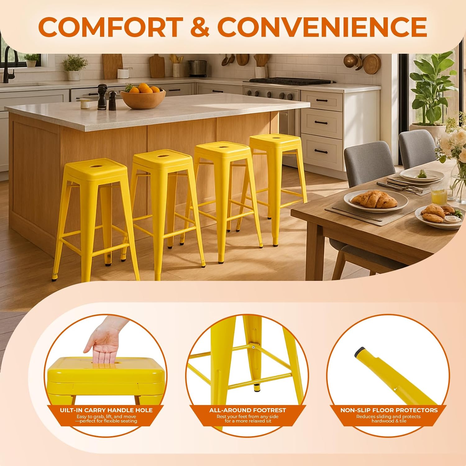 Detalle 2 de SOLEGGIAHOMIA AM-JANE-YELLOW Metal Bar Stools, Set of 4, 30-Inch Yellow