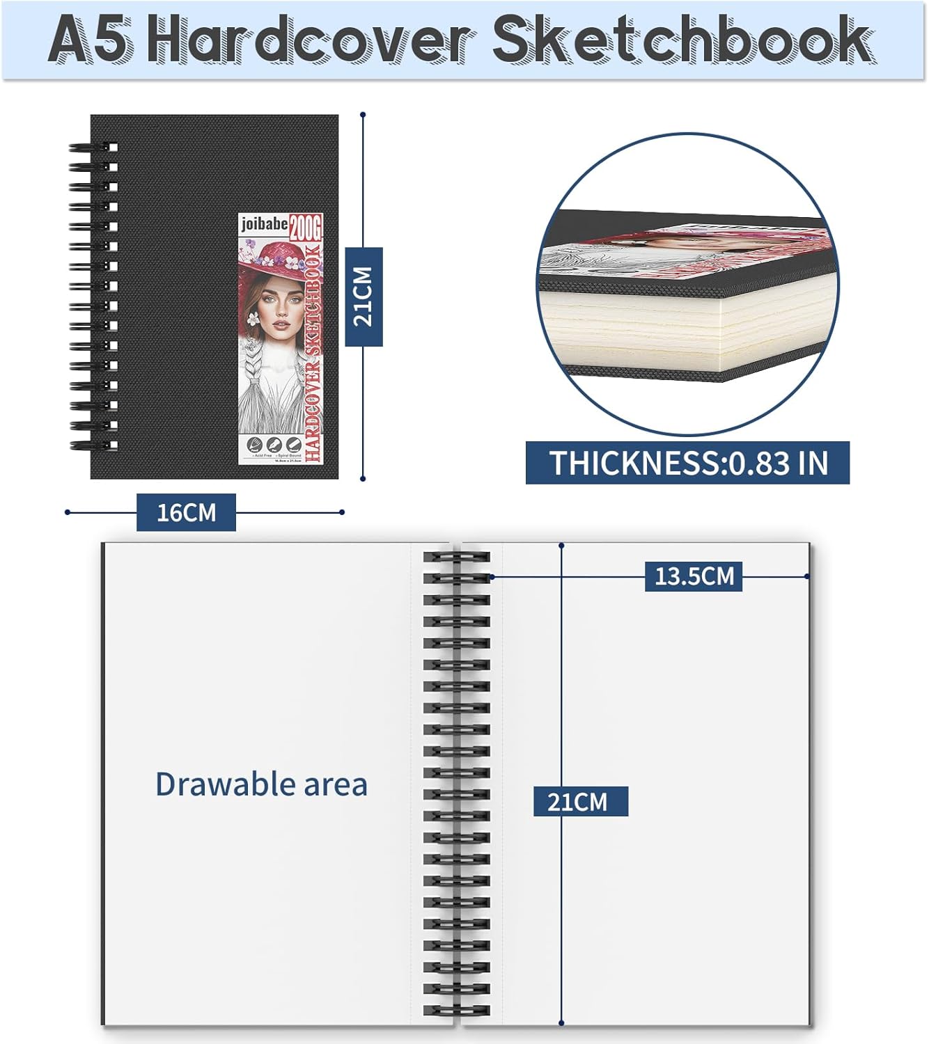 Detalle de 2 Stück A5 Skizzenbuch – Hochwertiges Zeichenpapier 200 g/m² mit Spiralbindung, Hardcover