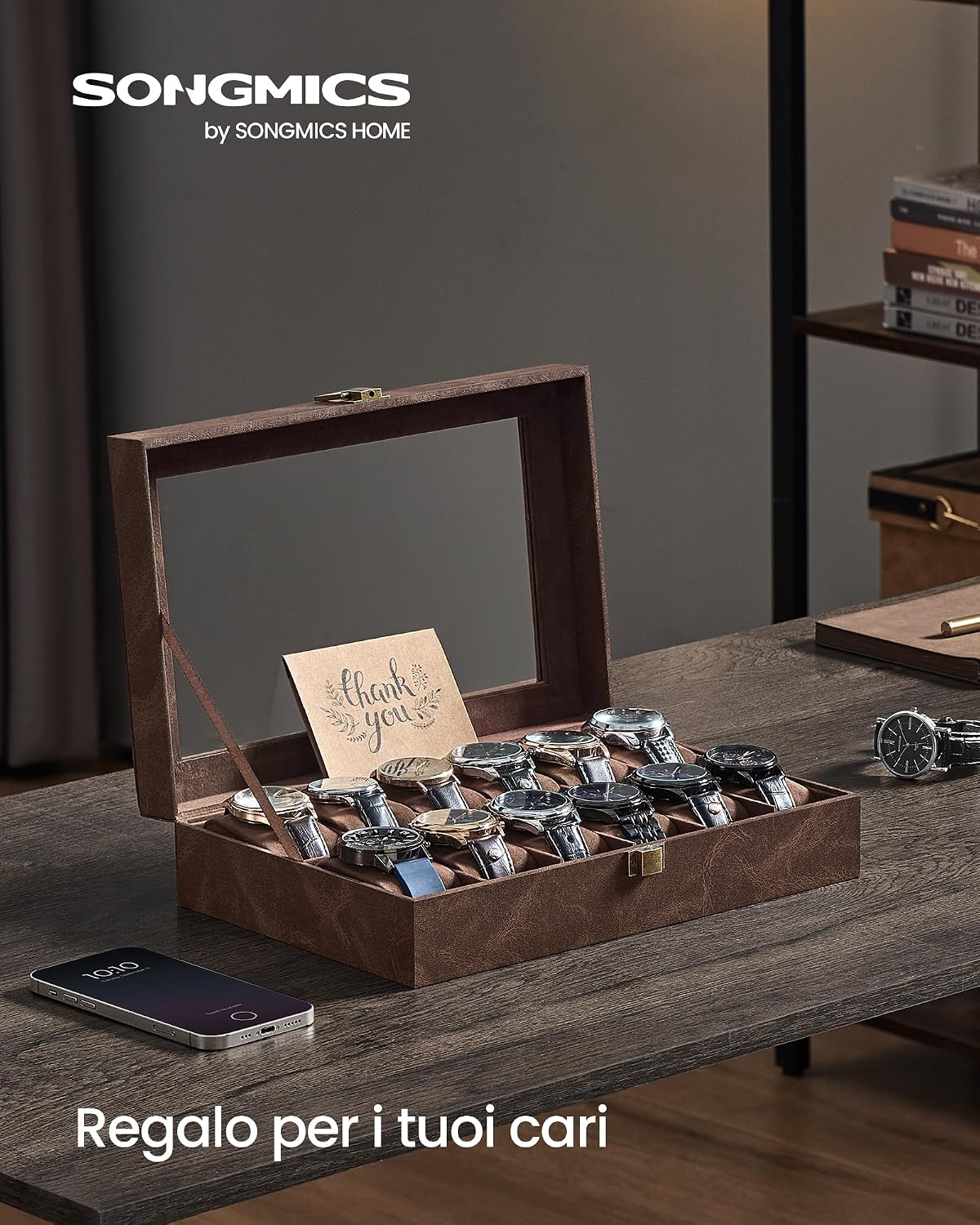 Detalle de SONGMICS Porta Orologi a 12 Posti JWB120KQ02 – Scatola portaorologi con coperchio in vetro e cuscini rimovibili