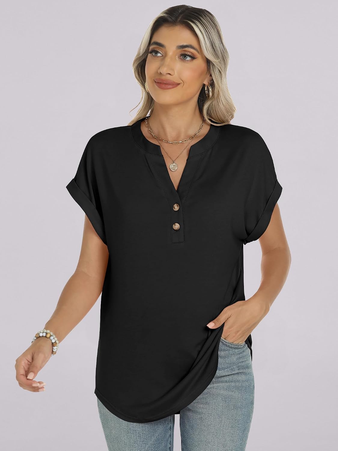 Thumbnail 6 de ANRABESS Womens Henley Short Sleeve Top