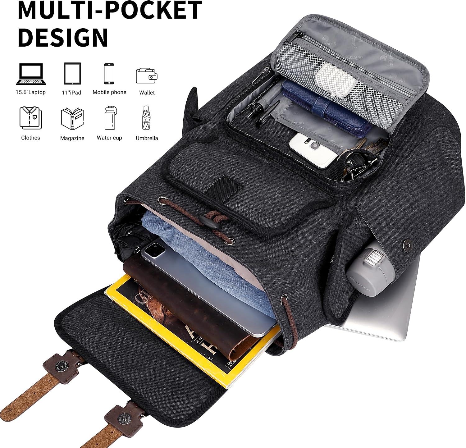 Detalle de WITZMAN Canvas Reiserucksack Herren – Vintage Travel Backpack für 15,6 Zoll Laptop