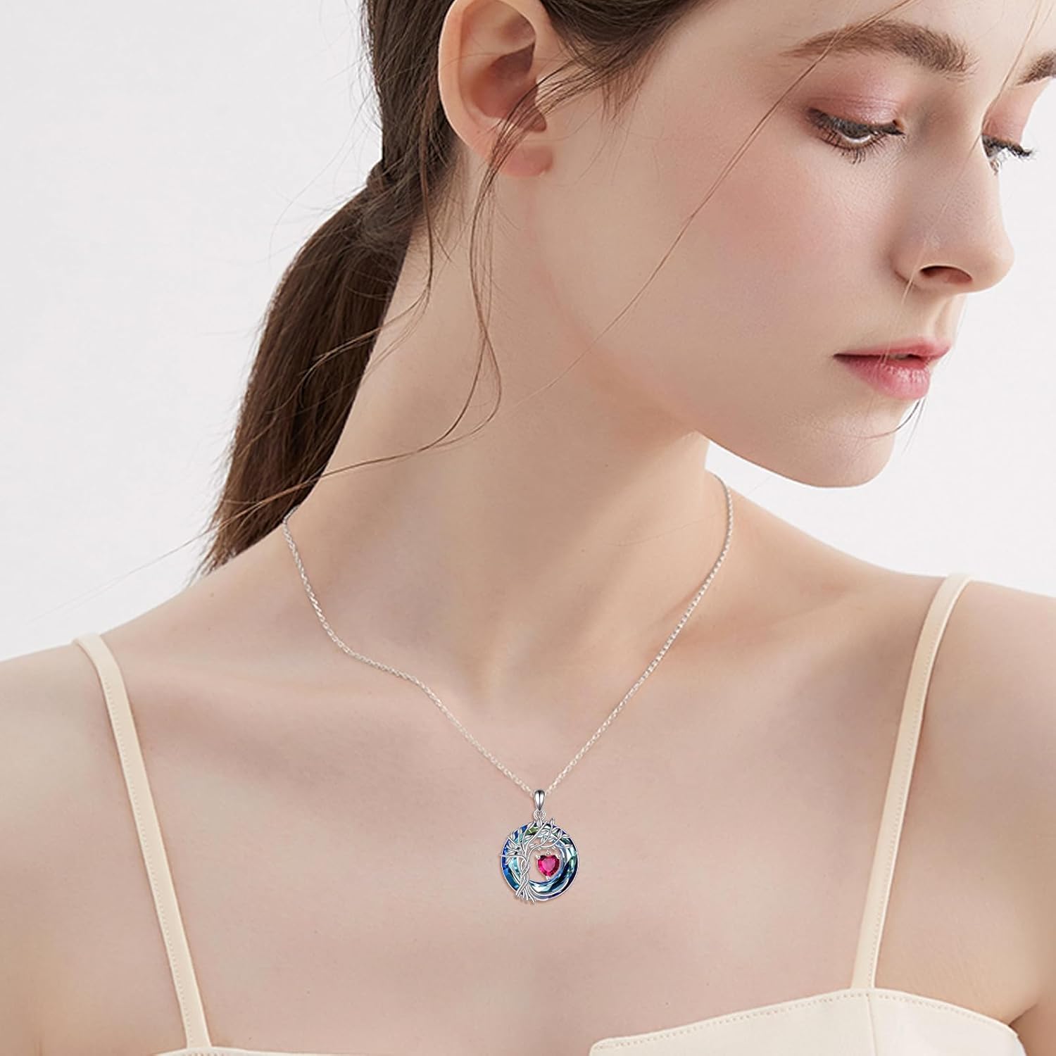 Detalle de POPLYKE Lebensbaum Geburtsstein Kette aus 925 Sterling Silber – Baum des Lebens mit Rubin (Juli)