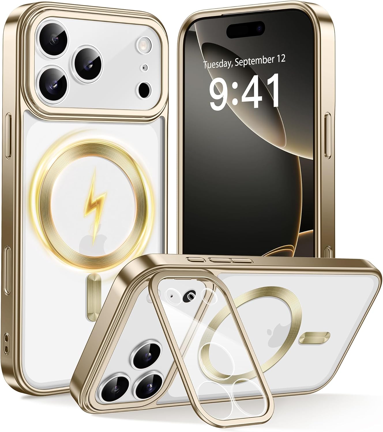 Detalle de GolbinBox for iPhone 17 Pro Case with Stand (MagSafe) and Camera Control, Gold/Clear