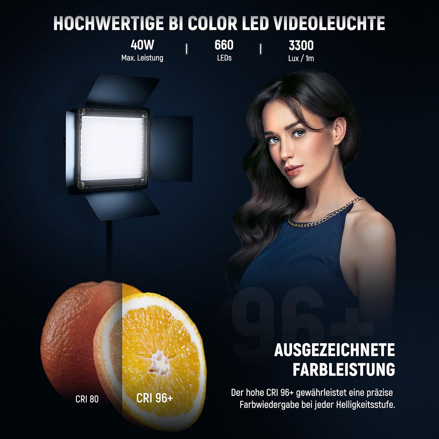 Detalle de NEEWER NL660 Bicolor LED Videolicht mit Stativ, 660 LEDs, 3200K–5600K, CRI96+ (dimmbar) & Barndoors