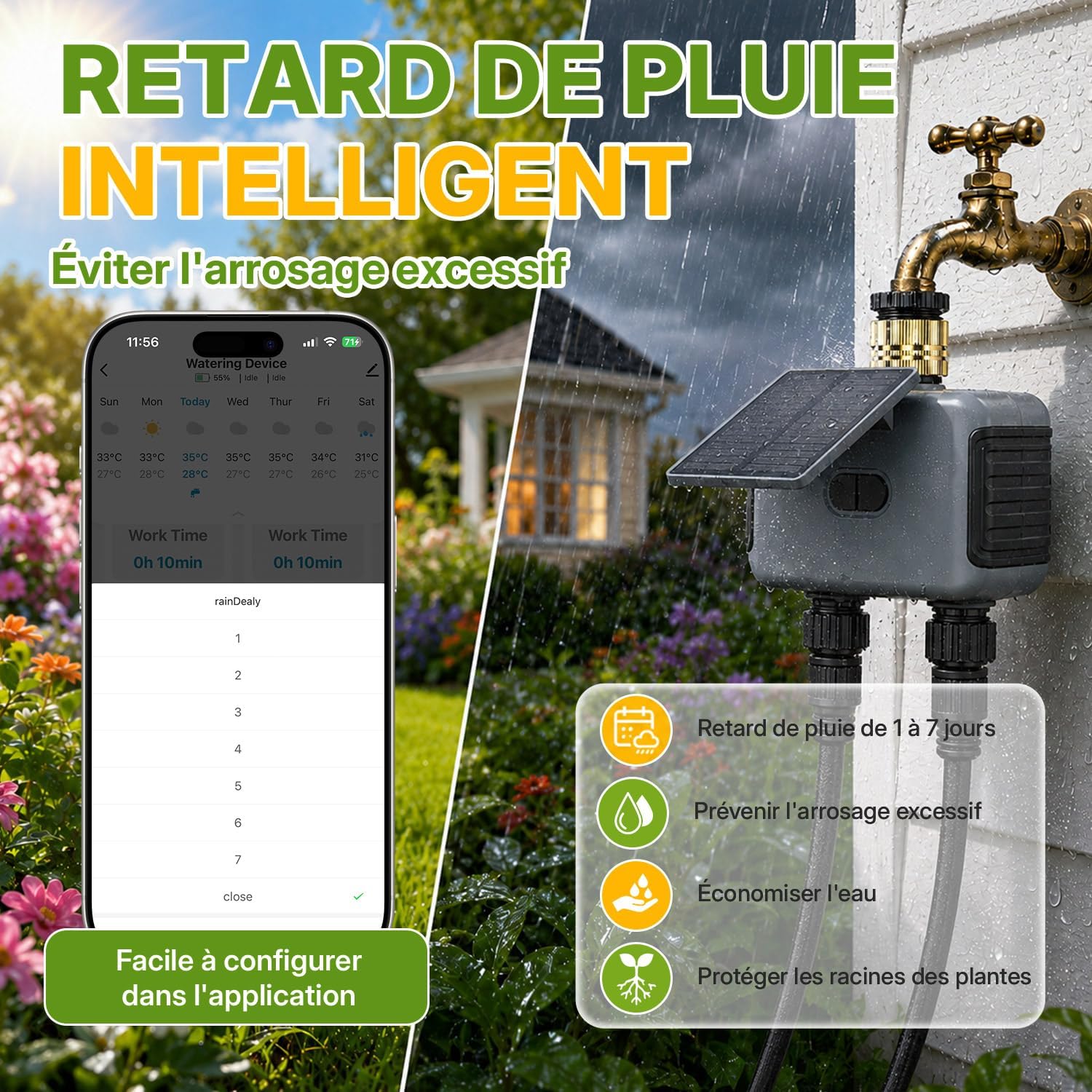 Detalle 2 de Mcbazel Programmateur d’Arrosage Automatique WiFi à 2 Sorties avec Panneau Solaire – IP55