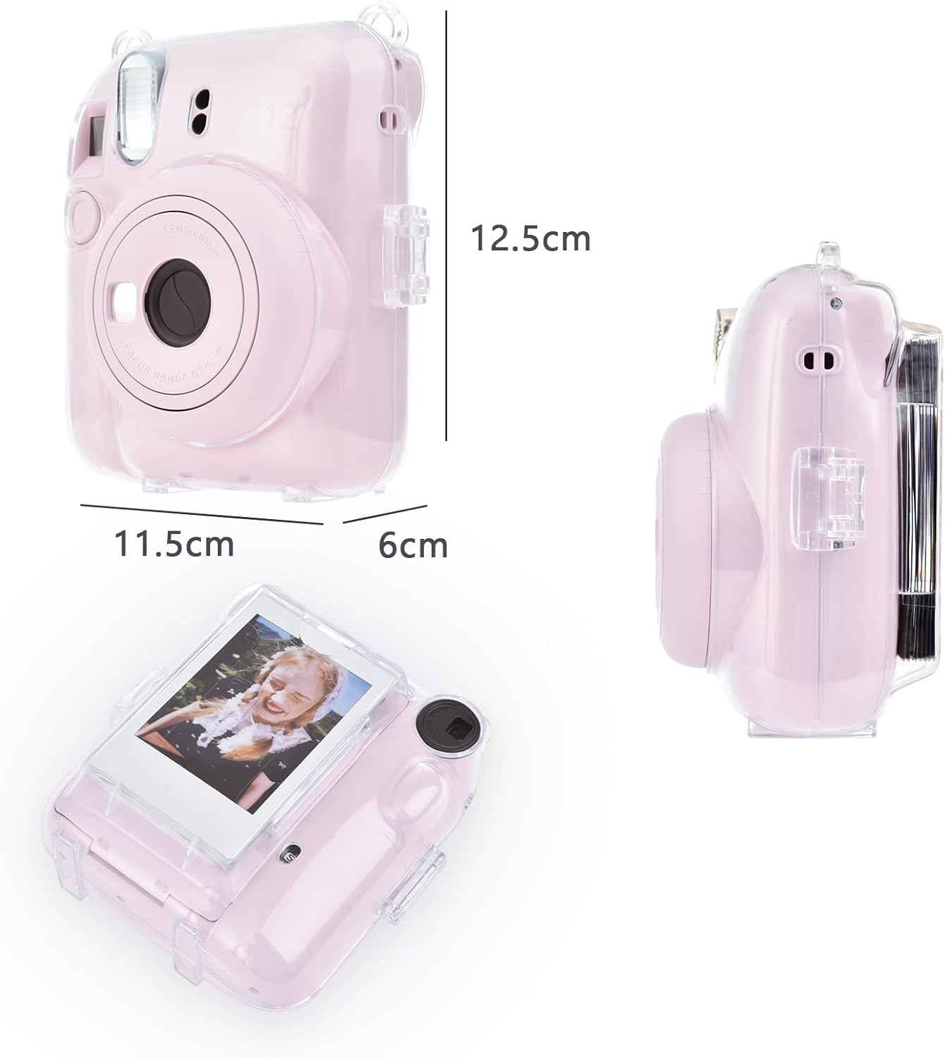 Detalle de Rieibi Clear Case for Fuji Instax Mini 12 (Pink) with Carrying Case, Strap & Sticker