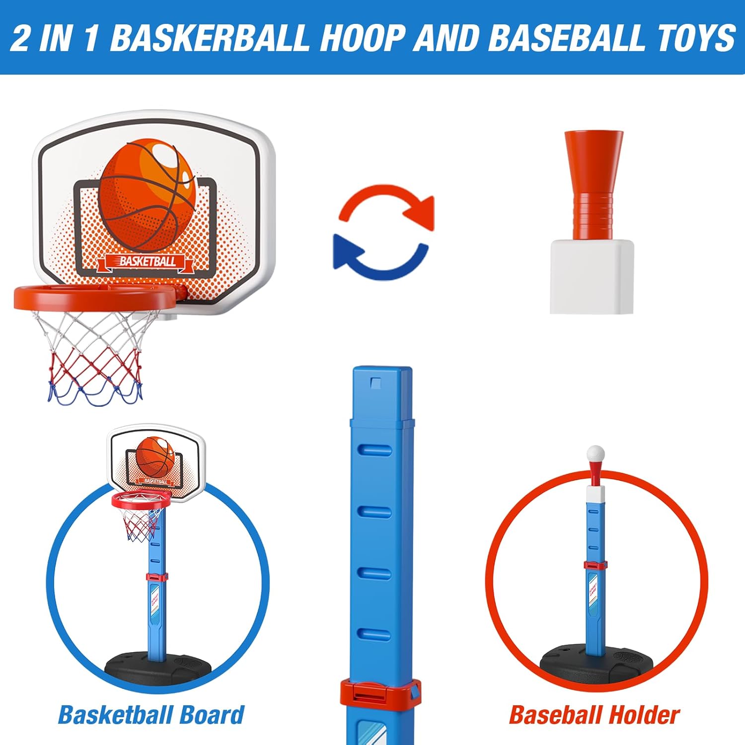 Thumbnail 6 de HYES 2 in 1 Kids Basketball Hoop and T Ball Set, Adjustable