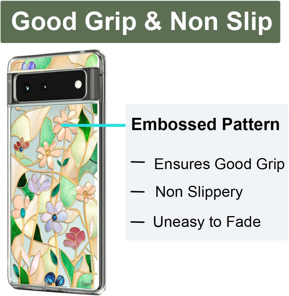 Detalle de Unov Case for Pixel 6 5G: Clear Florals TPU Back Cover with Raised Edges