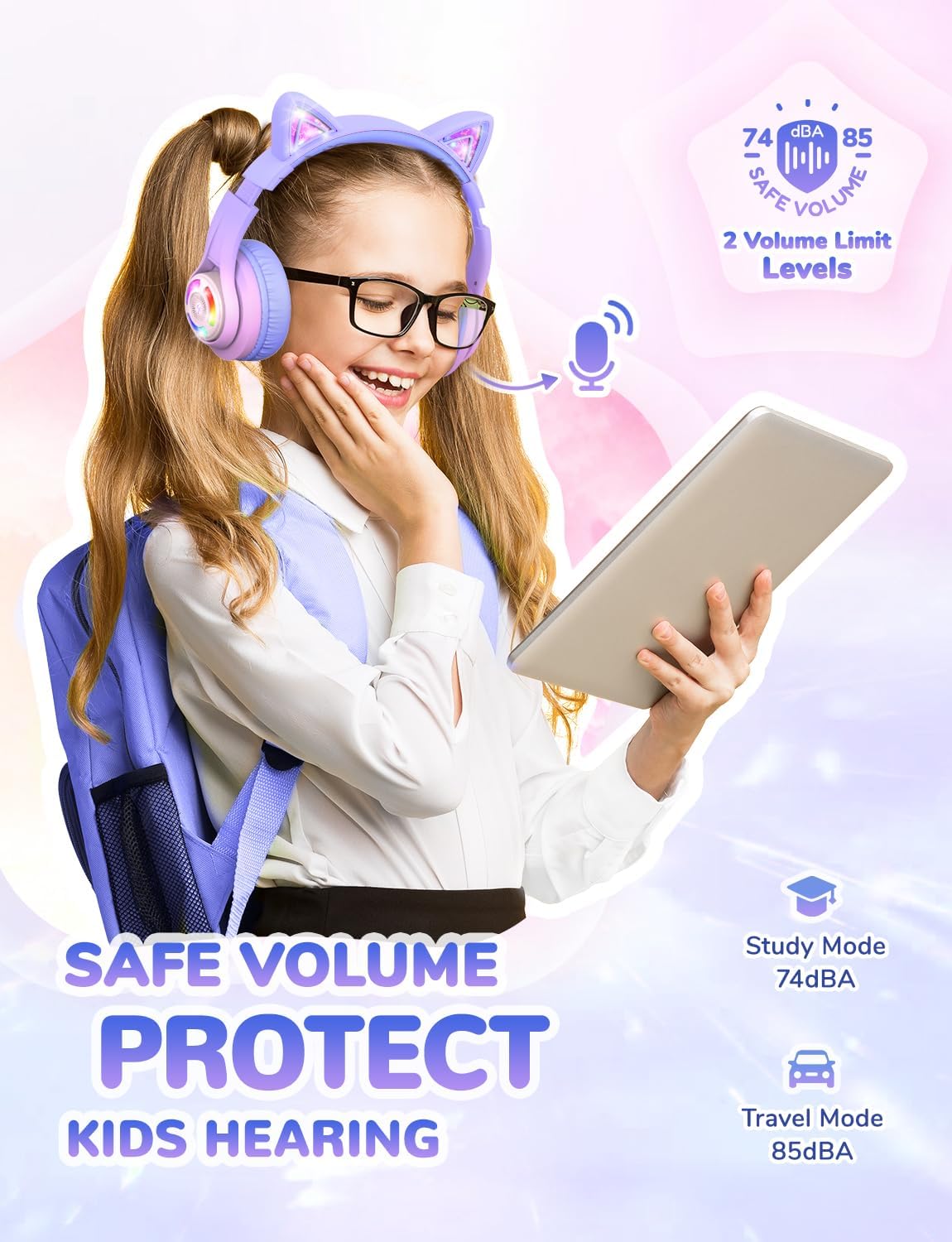 Detalle de iClever Kids Bluetooth Headphones BTH13: Cat Ear LED Lights, 50H Playtime, Safe Volume for Kids