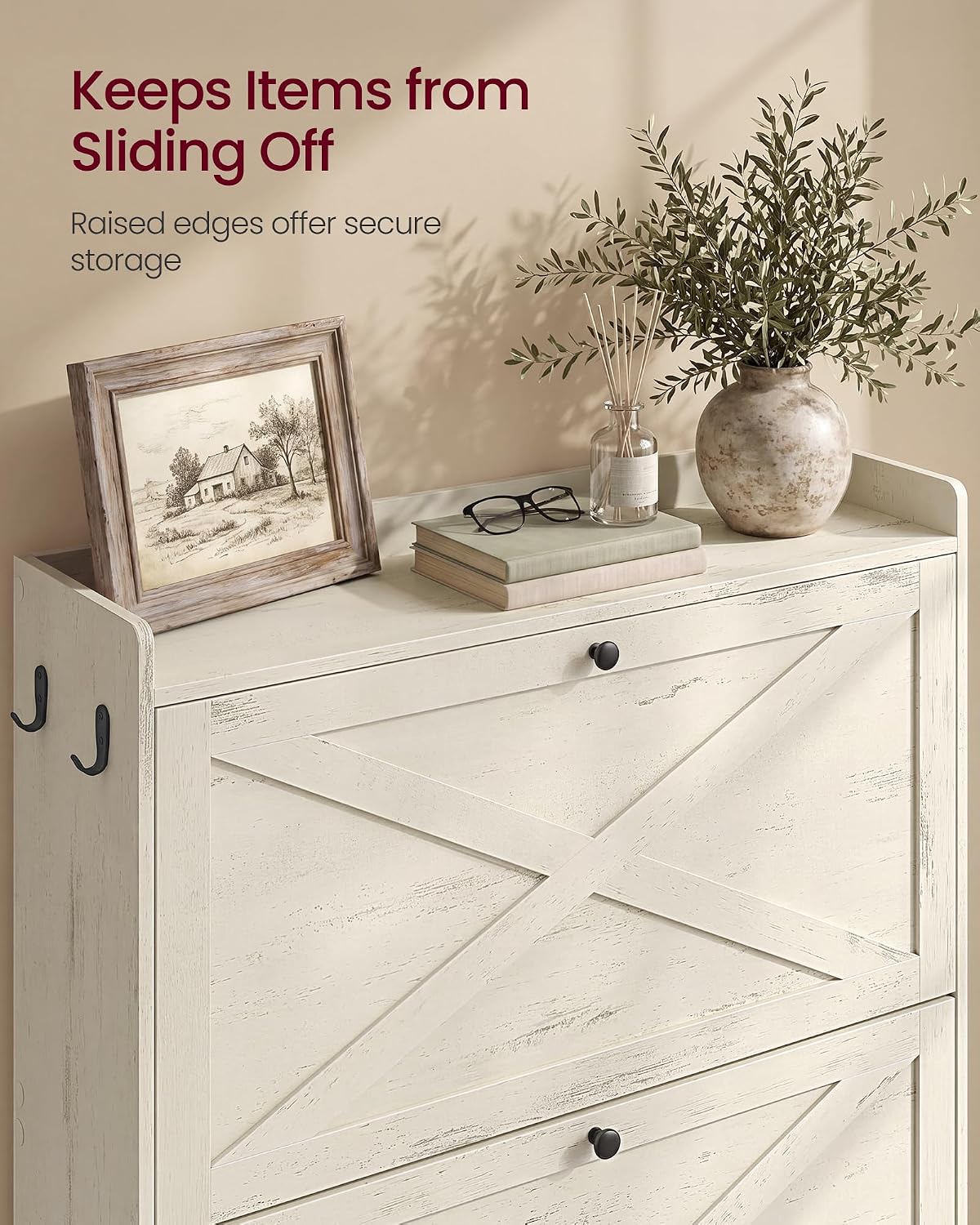 Detalle de VASAGLE UHSC203WJ01S Farmhouse Shoe Cabinet, 2 Flip Drawers, White