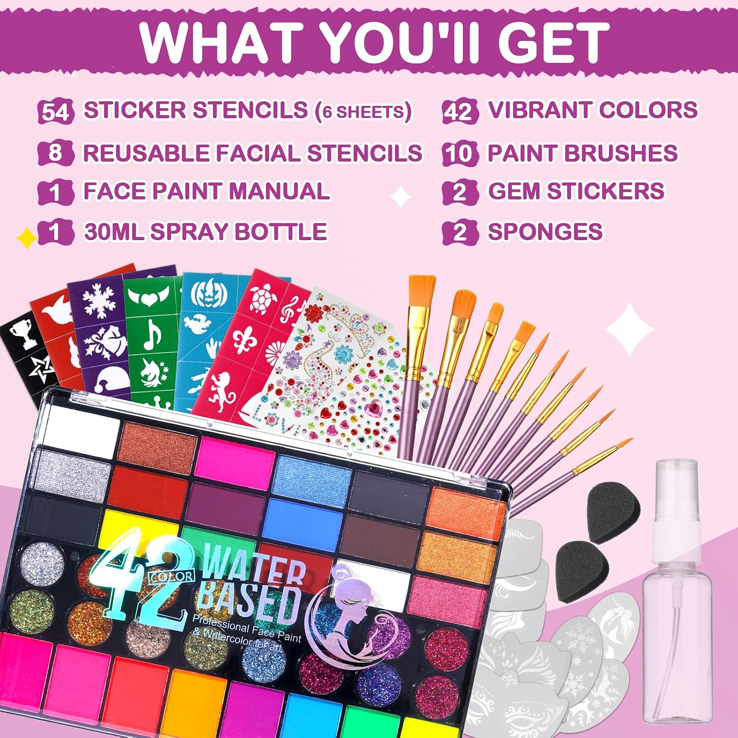 Detalle de Professionelles Face & Body Make-up Set TA645KIT – 42 wasserbasierte Farben, Pinsel & Zubehör