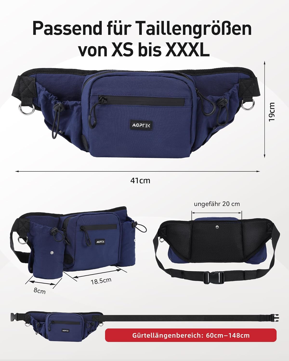 Detalle de AGPTEK Bauchtasche für Hunde mit Leckerli-Tasche, Kotbeutel-Spender und ausziehbaren Flaschenhaltern – Blau