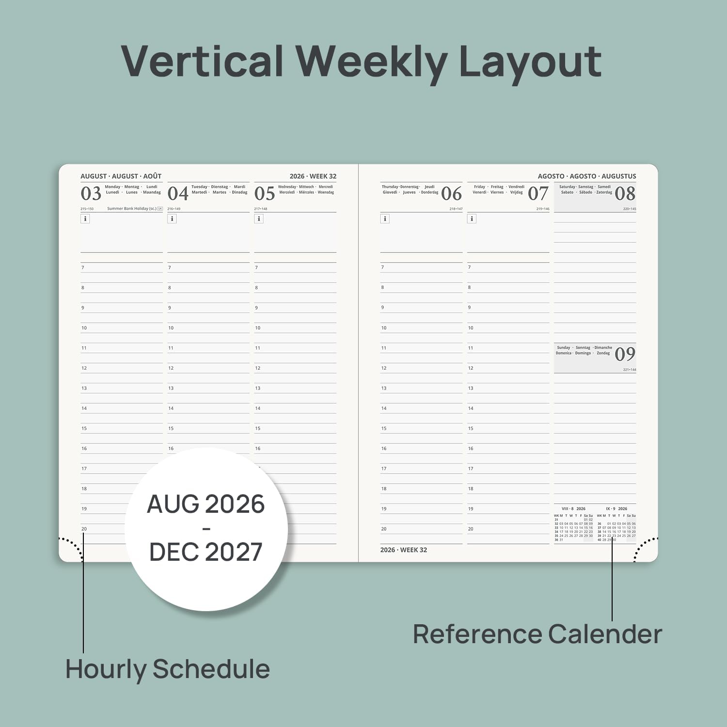 Thumbnail 2 de POPRUN A5 Academic Diary 2026-2027 — Hardback Week to View, 17 Months (Aug 2026–Dec 2027) in Midnight Green