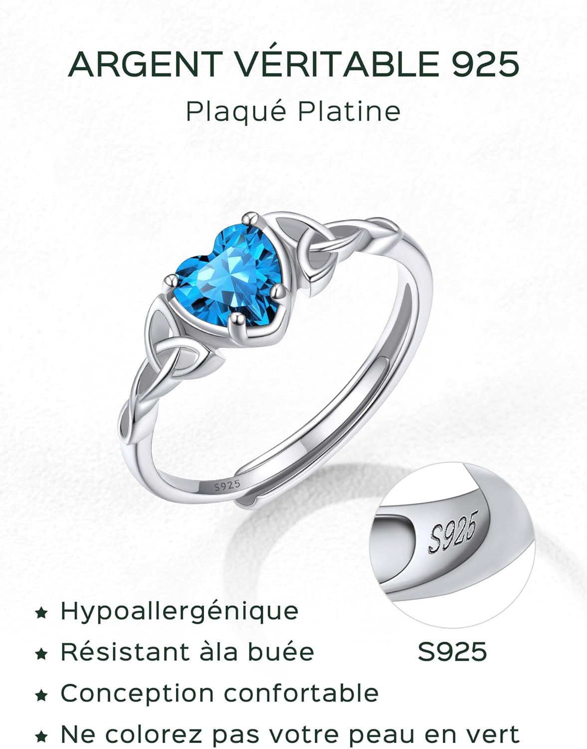 Thumbnail 3 de ChicSilver Bague Femme Argent Reglable — Anneau cœur et motif Celtique, cadeau élégant