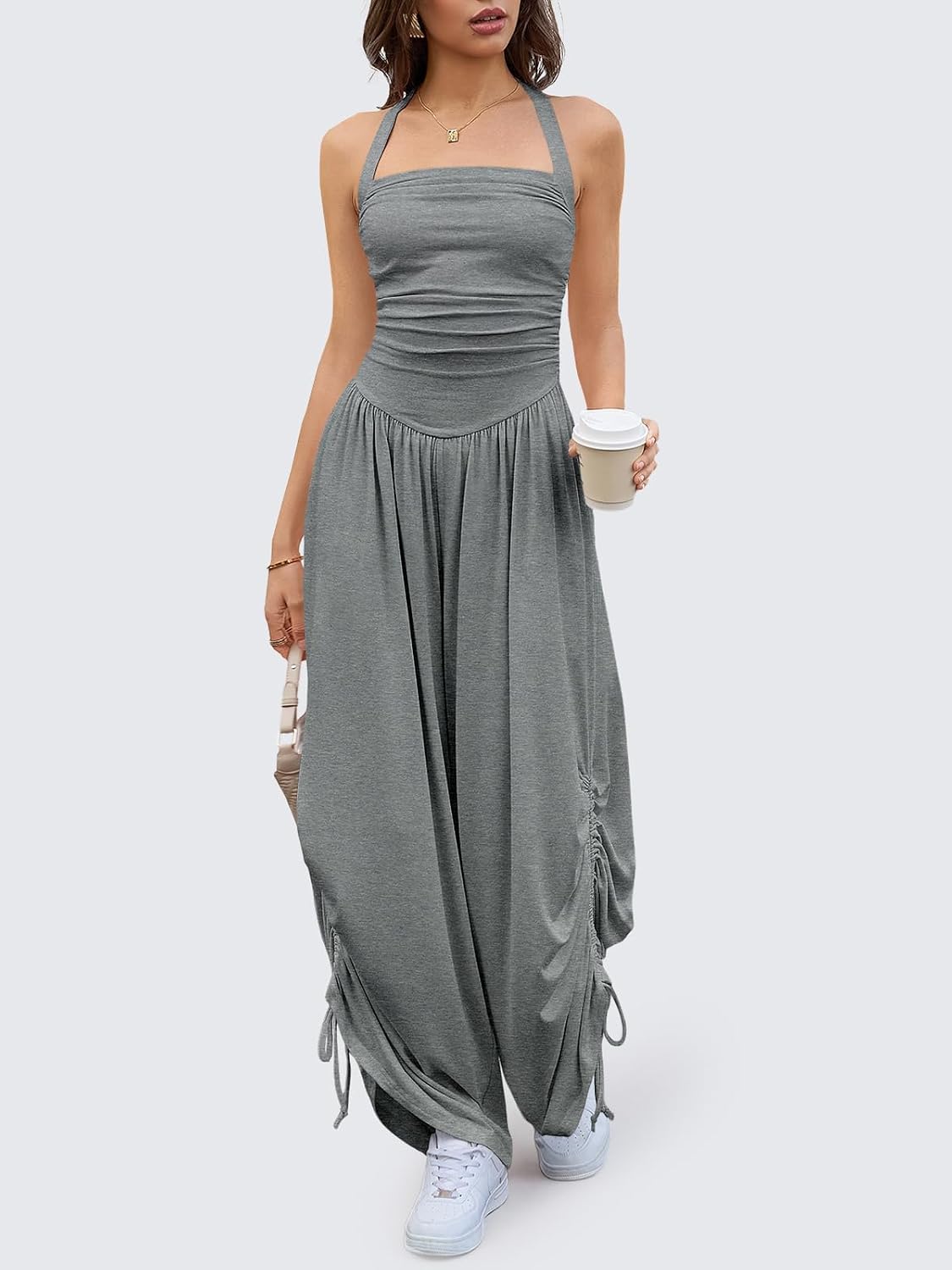 Detalle de Fisoew Women's Casual Jumpsuits: Summer Halter Wide-Leg Overalls with Side-Cinch