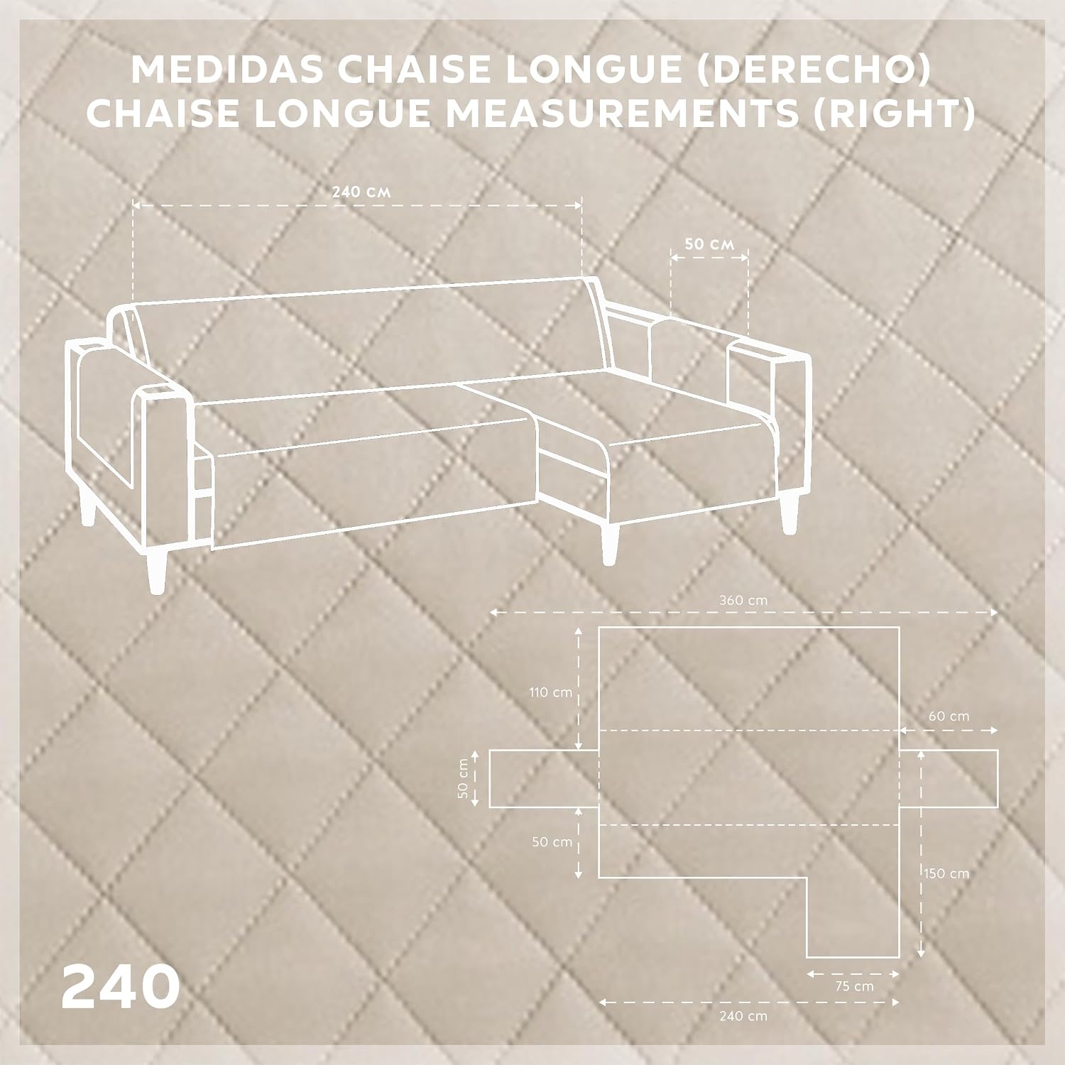 Detalle de Textilhome CubreSofá Chaise Longue Malu 240 cm
