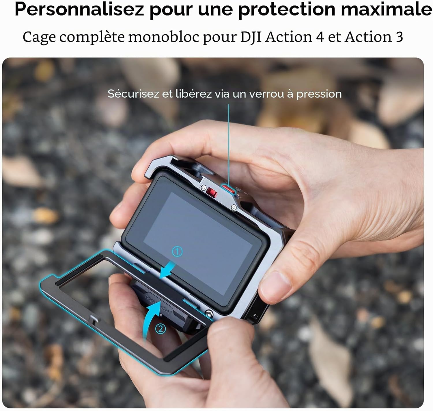 Detalle de SMALLRIG Cage pour DJI Action 4/3 et DJI Mic 4119C : protection et montage polyvalent