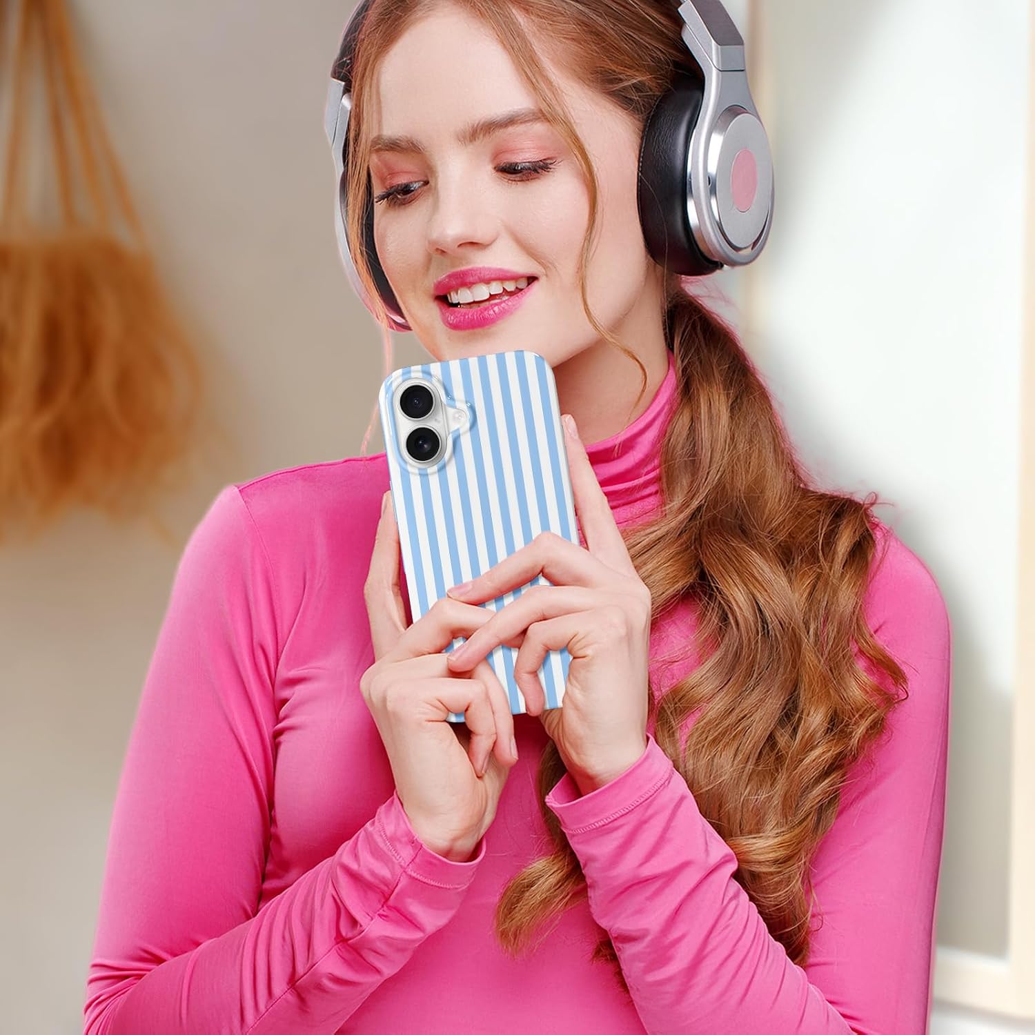 Detalle 1 de Hython iPhone 16 Case, Light Blue and White Stripes, Slim TPU