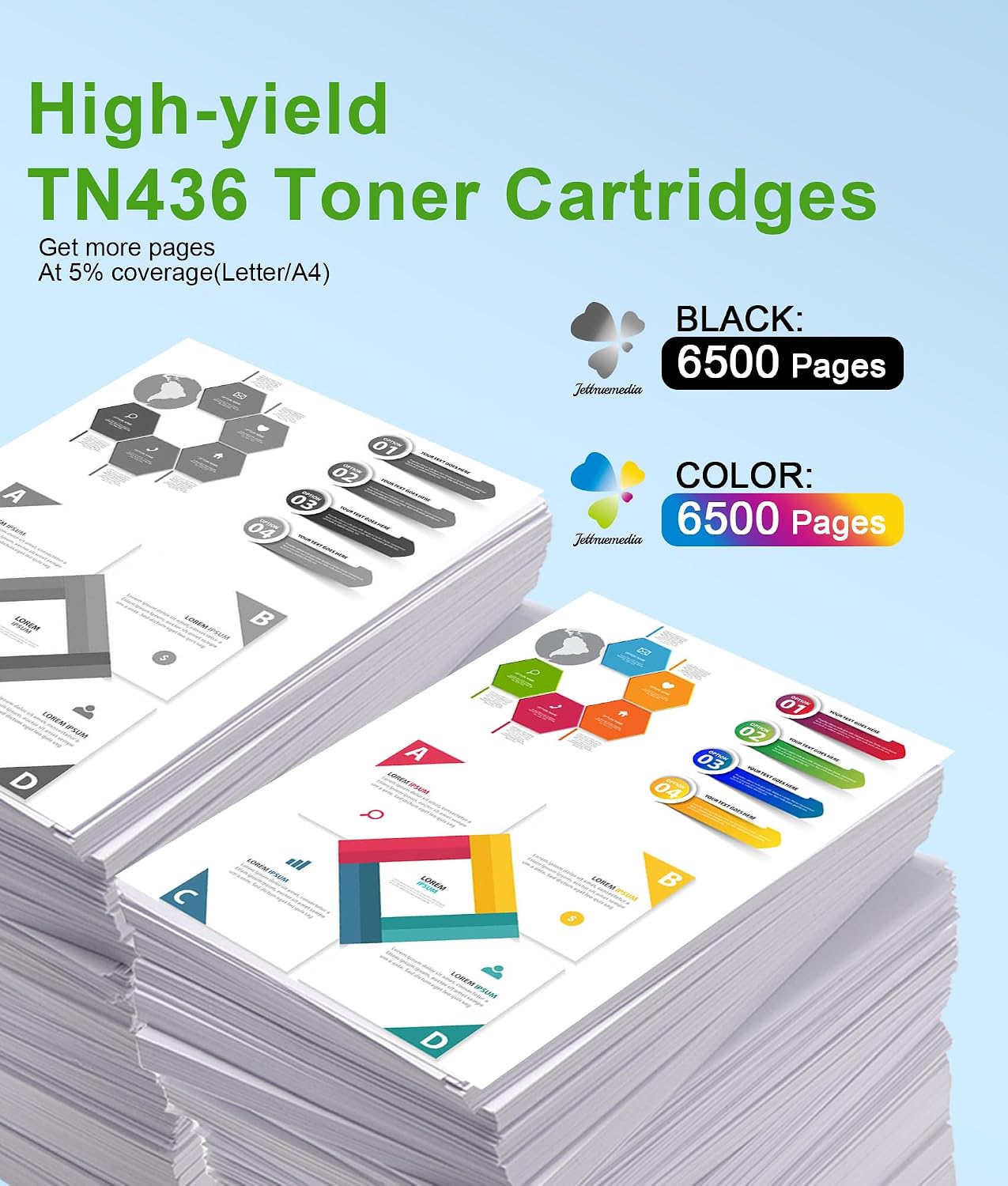 Detalle de Jettruemedia TN436 Toner Cartridge Set, Black, Cyan, Magenta & Yellow