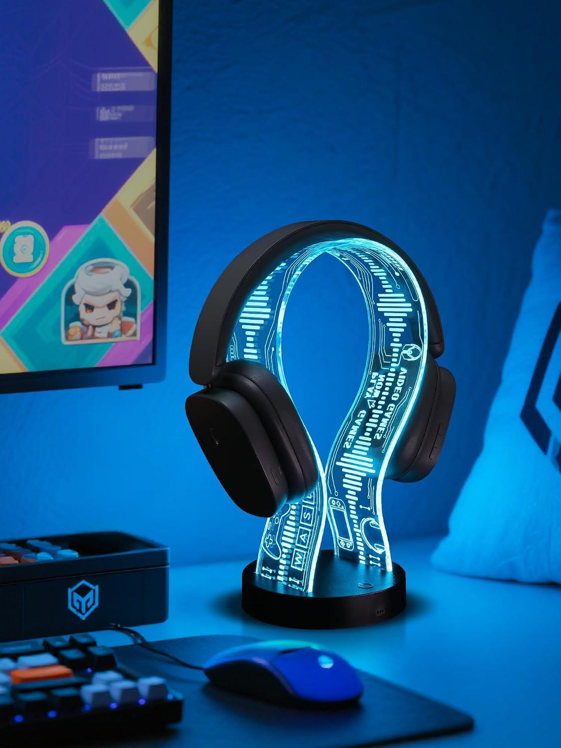 Detalle de CoolGift Mart Leuchtender Kopfhörerständer mit 16 LED-Farben, Gaming-Design und USB-/Typ-C-Anschluss