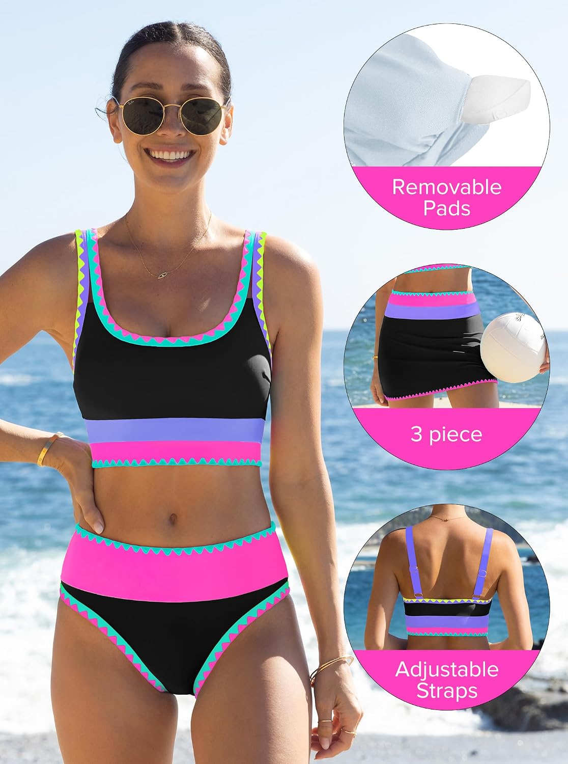Detalle 2 de popvil High Waisted Bikini Sets for Women Tummy Control (3-Piece Neon Swimsuit with Skirt) 2026