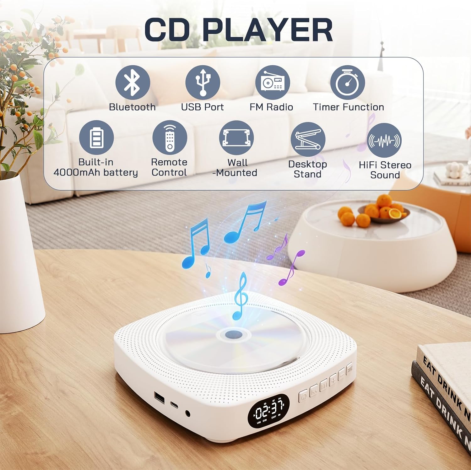 Detalle de WOLFANG WDV04 Portable CD Player with Bluetooth, FM Radio and 4000mAh Battery
