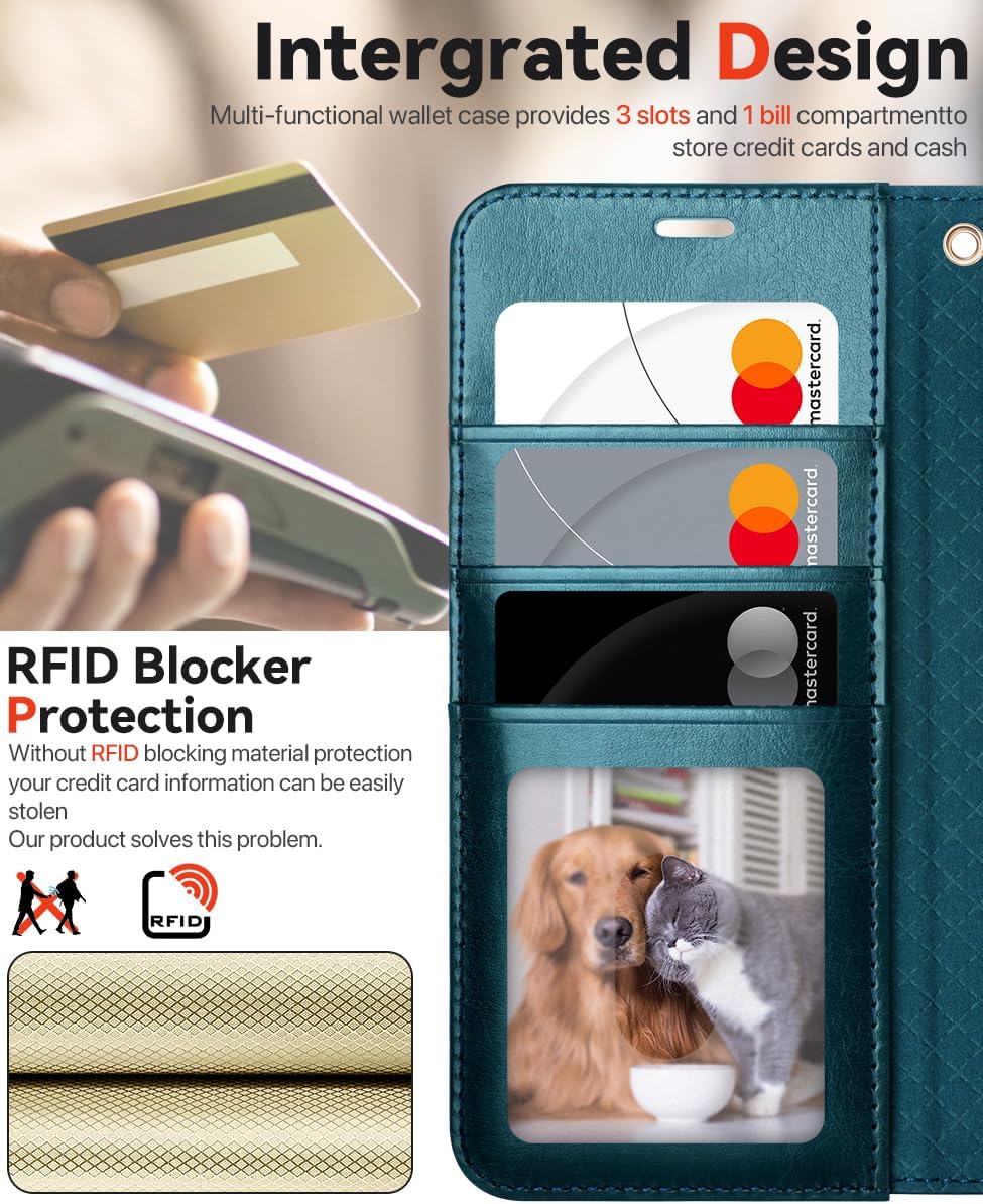 Detalle de OCASE 2in1 Hülle für Samsung Galaxy S25 – Magnete, Kartenfach und RFID-Schutz in Lederoptik (Peacock Blue)
