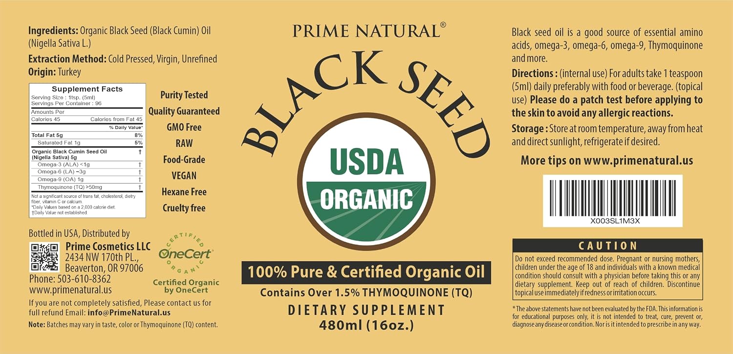 Thumbnail 4 de PRIME NATURAL Organic Black Seed Oil, Cold-Pressed, 16 oz