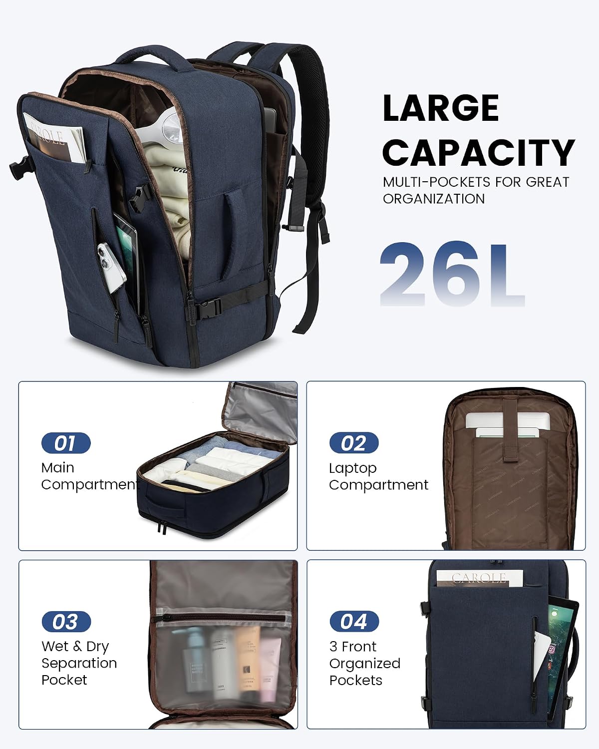 Thumbnail 2 de LOVEVOOK Handgepäck-Rucksack 45x36x20 cm (EasyJet kompatibel) für Laptop bis 15,6 Zoll – Dunkelblau